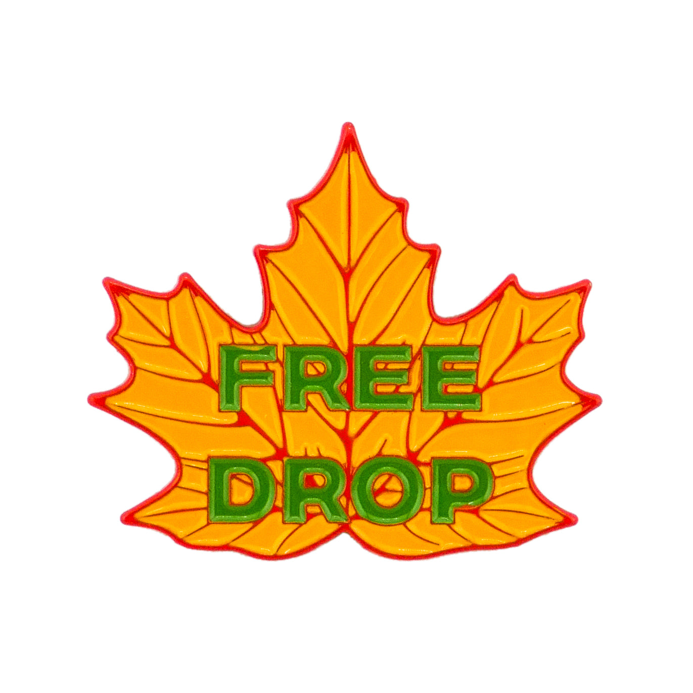 The Free Drop Leaf Ball Marker by Ballmarkers.com is an orange, leaf-shaped golf ball marker with red edges and bold green "FREE DROP" text—ideal for the course.