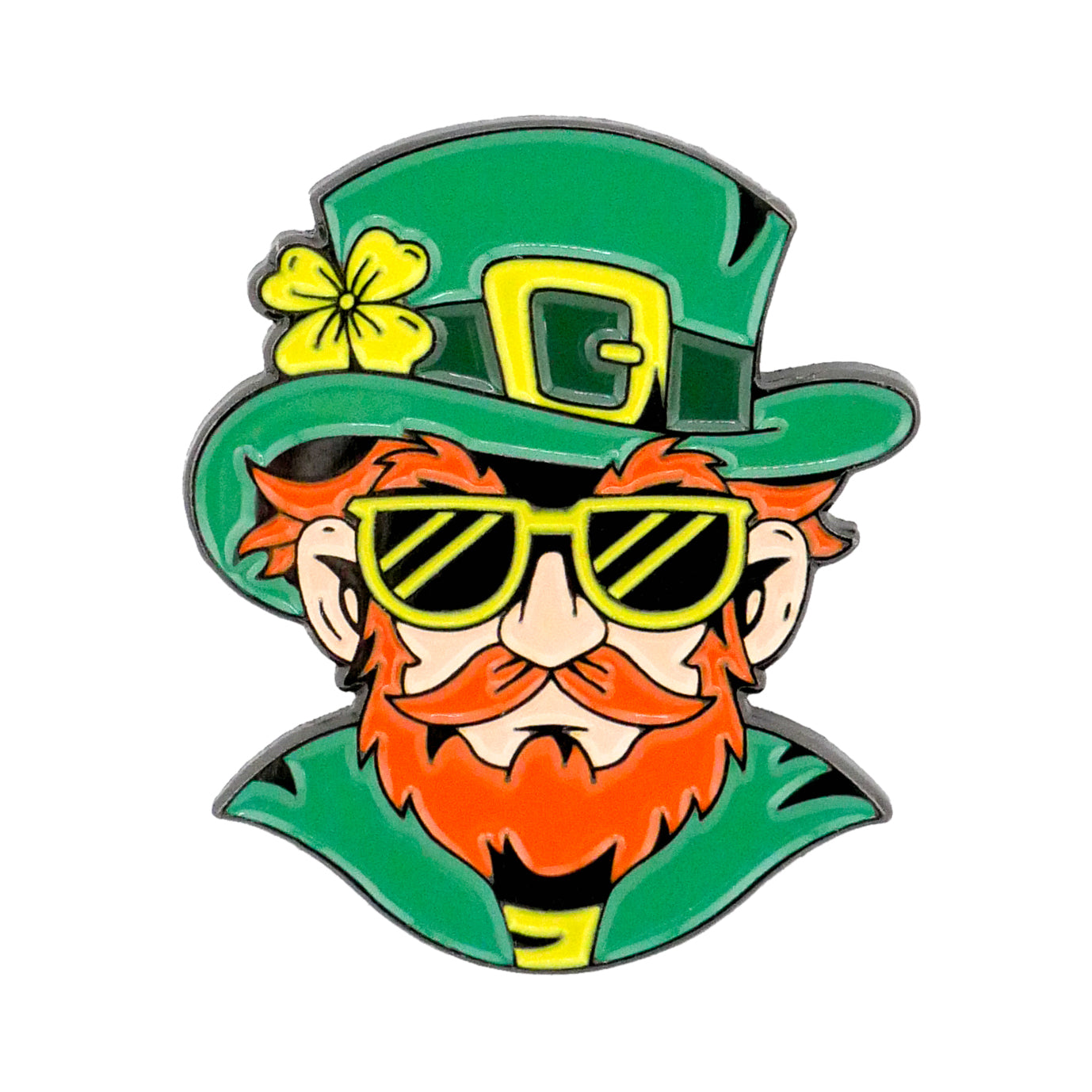 The Leprechaun Ball Marker by Ballmarkers.com features a red-bearded leprechaun in black sunglasses and a green hat with a yellow buckle and flower, perfect for St. Patrick’s Day golf games. White background.