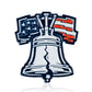 The Liberty Bell - Ball Marker by Pins and Aces features a stylized Liberty Bell with an American flag backdrop, showcasing red and white stripes plus white stars on blue—all set against a crisp white background.