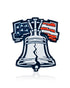The Liberty Bell - Ball Marker by Pins and Aces features a stylized Liberty Bell with an American flag backdrop, showcasing red and white stripes plus white stars on blue—all set against a crisp white background.