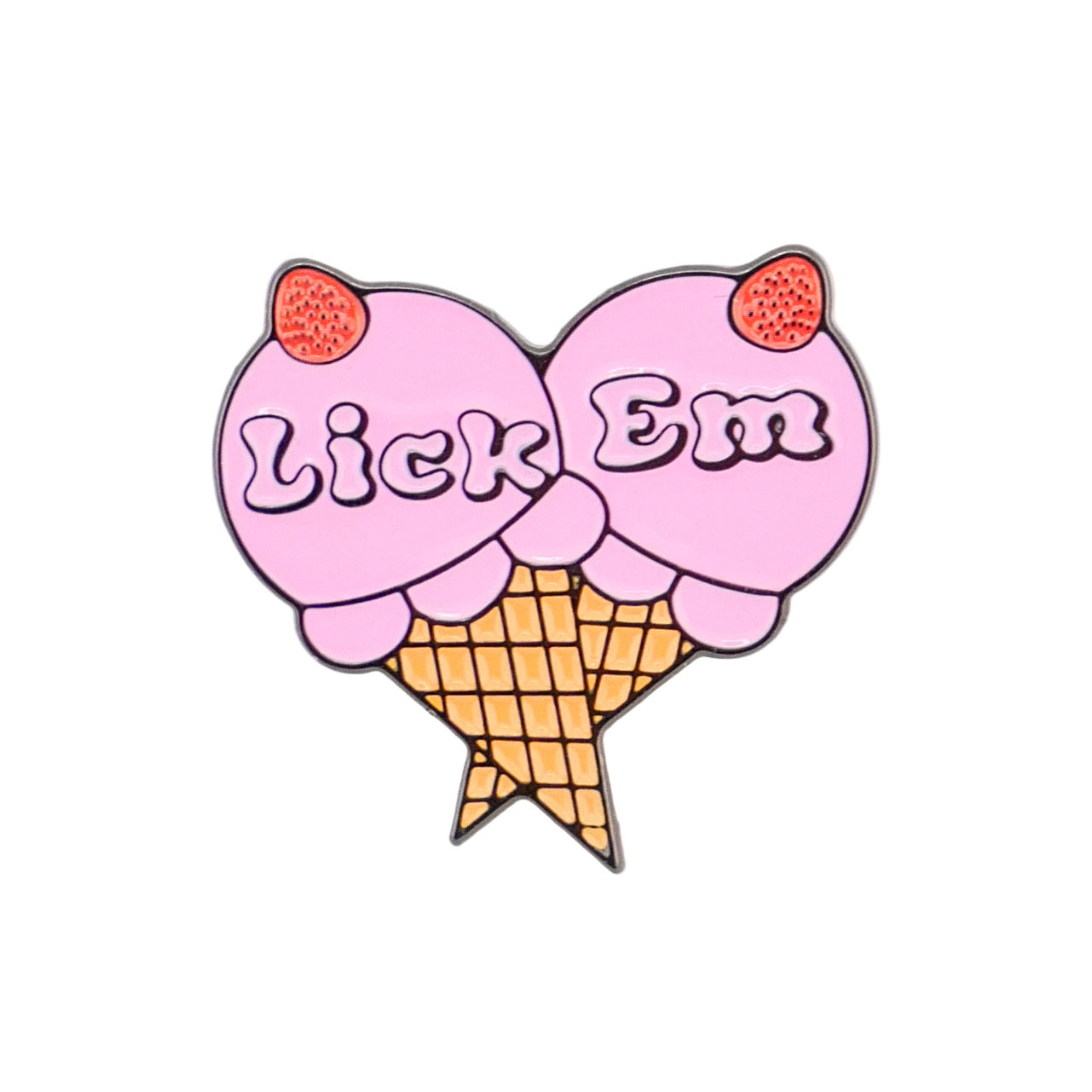 Add a sweet touch to your golf game with the Lick Em ball marker from Ballmarkers by Logie Joes—featuring two pink ice cream scoops with red cherries on waffle cones and playful Lick Em lettering.