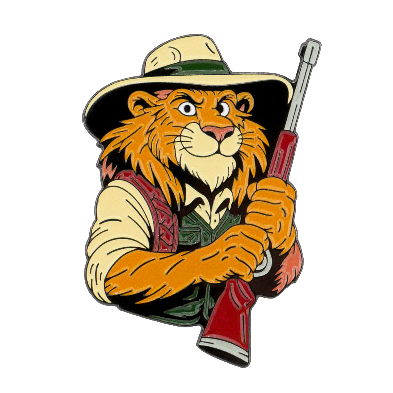 The Lion Trophy Hunter Ball Marker from Ballmarkers.com features a cartoon lion in a safari hat and vest, smiling confidently while holding a red hunting rifle across its chest.