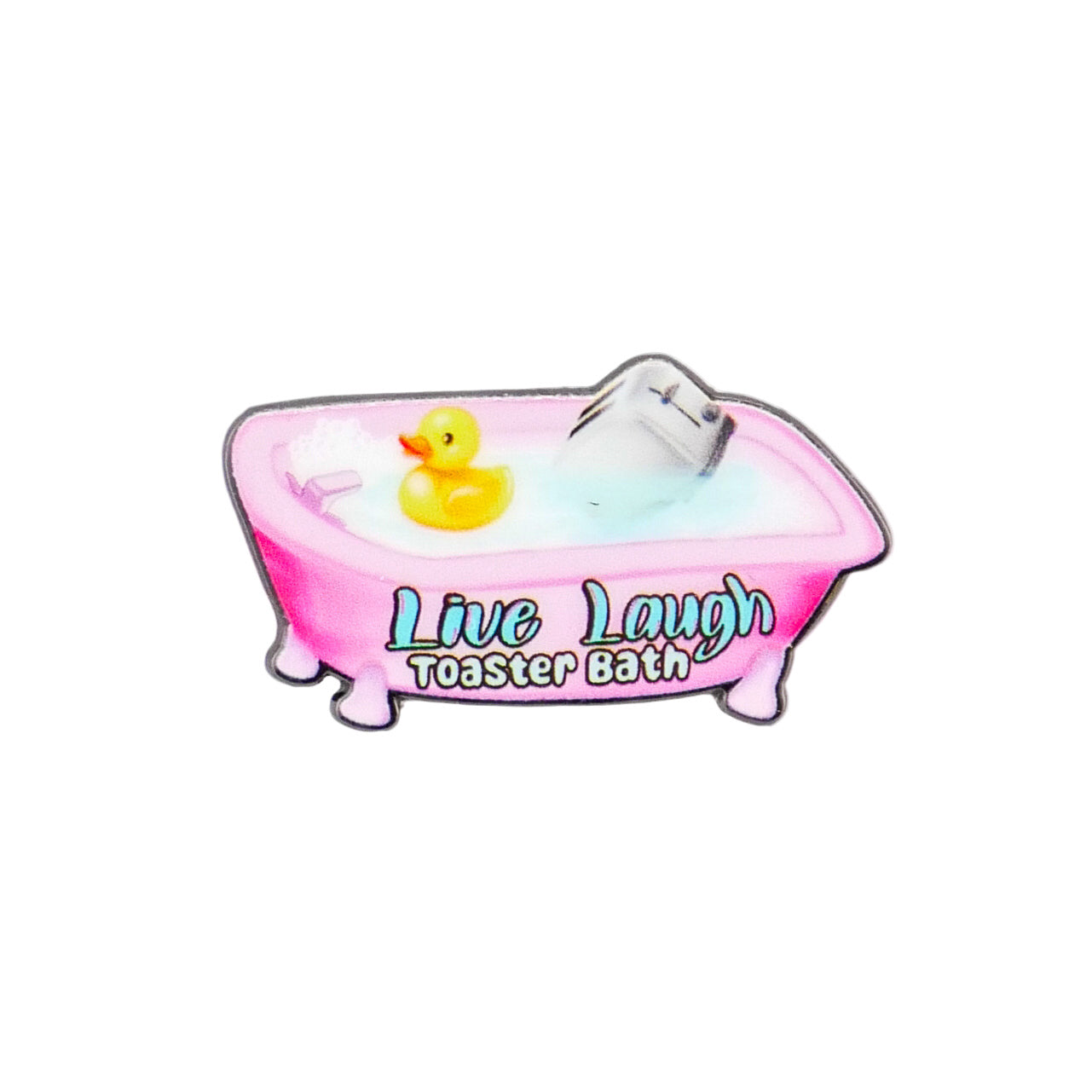 The Live Laugh Toaster Bath by Logie Joe's Golf features a pink cartoon bathtub with water, a yellow rubber duck, a toaster, soap, and golf ball markers. The tub displays "Live Laugh Toaster Bath" in colorful letters.
