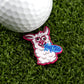 The Hawk Tuah Llama by Logie Joe's Golf is a cartoon llama-shaped ball marker with a blue "THANK LHAM!" speech bubble, seen next to a white golf ball—a fun, premium accessory for any golfer's collection.