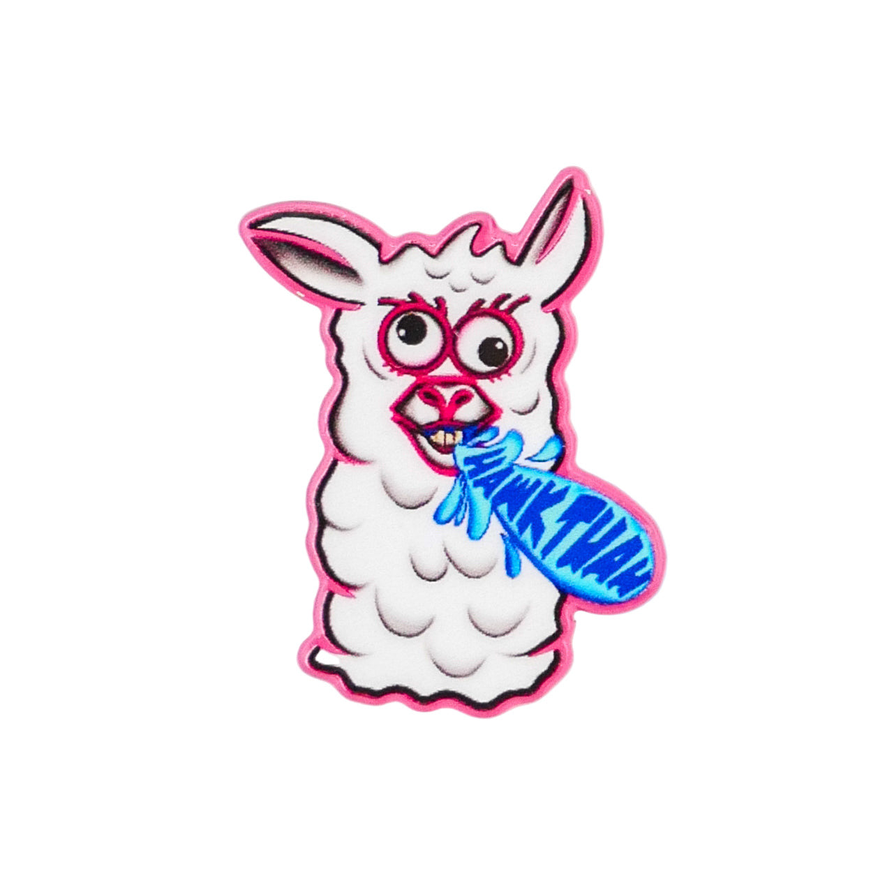 The Hawk Tuah Llama by Logie Joe’s Golf features a cartoon llama with bold outlines and wide, pink-outlined eyes holding a blue “ANKHTANK” fish—perfect for fans of quirky, premium golf accessories like divot tools and ball markers.