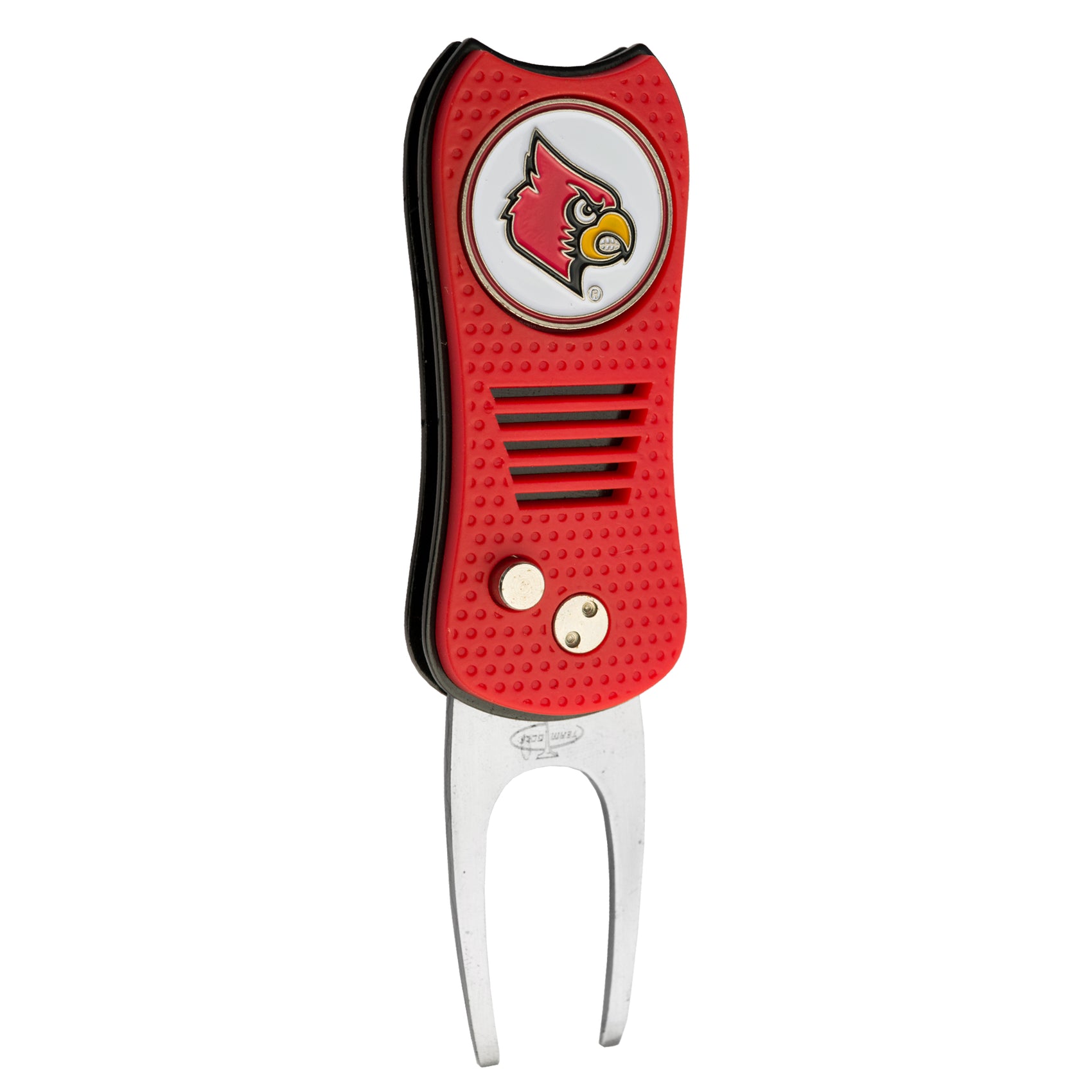 The Switchfix ACC College Switchfix Divot Tool with Ball Marker features a red body, silver metal fork, Louisville Cardinals logo, textured grip, two buttons, magnetic ball marker, and convenient switchblade mechanism.