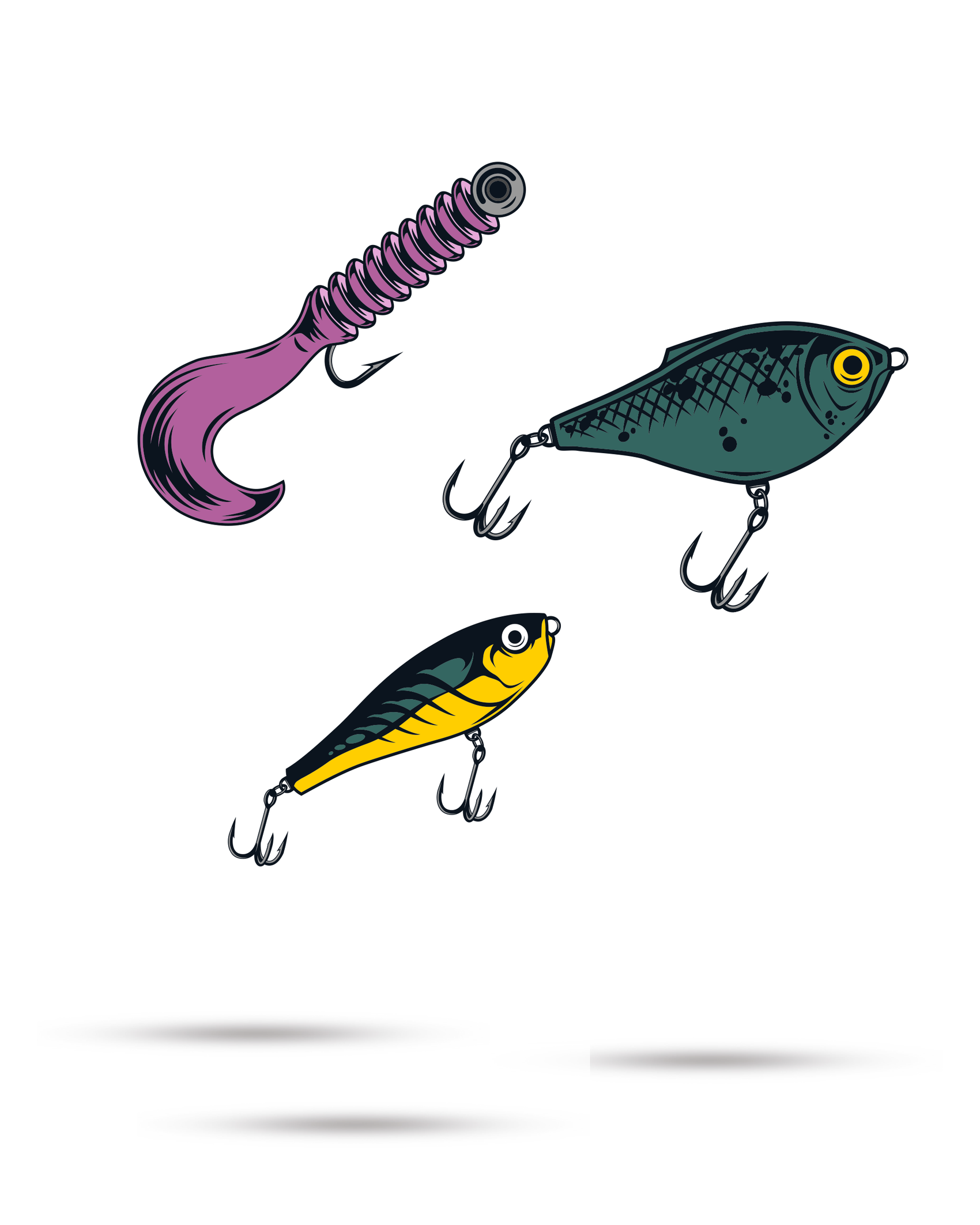Illustration of the Pins and Aces Fishing Lures Ball Markers - 3 Pack: a purple curly-tail, a dark green fish-shaped, and a yellow-striped fish-shaped marker—all essential golf accessories—displayed on a white background.