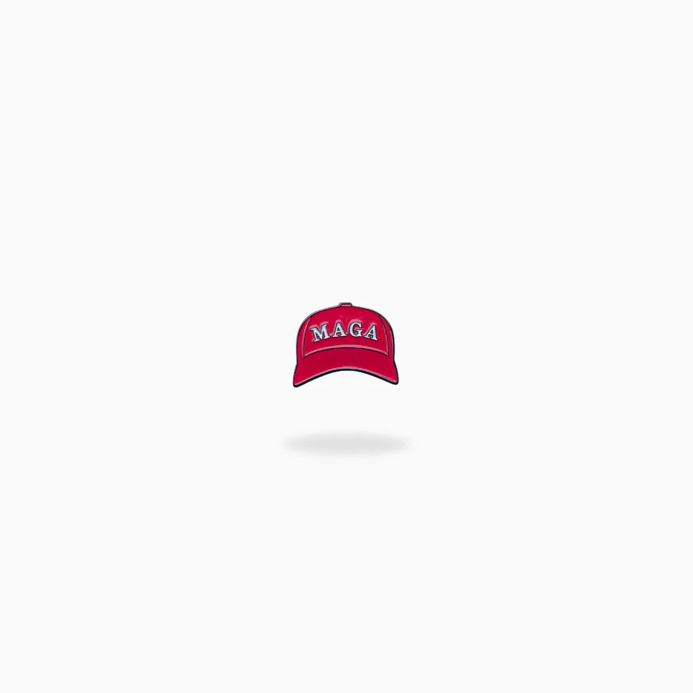 The Pin Creatures MAGA Hat Ball Marker is displayed on a plain white background with a subtle shadow, making it the perfect golf accessory or stylish ball marker for your next round.