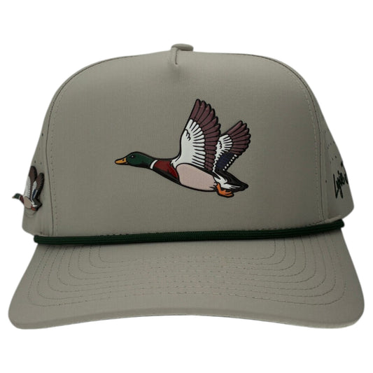 The Logie Joe's Golf Mallard Golf Hat is a light gray snapback cap with an illustrated duck, green rope detail, built-in magnetic ball marker holder (marker included), and adjustable fit.