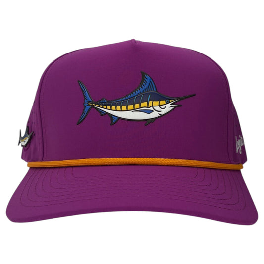 Logie Joe's Golf Marlin Golf Hat is an adjustable purple snapback cap featuring a stylized marlin design, yellow cord, side patch, and comes with a built-in magnetic ball marker holder plus marker—both stylish and functional.