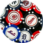 MLB Team Ball Markers by MLB, each featuring different Major League Baseball team logos—like the Reds, Orioles, Mets, Tigers, Yankees, and Nationals—are spread out on a surface.