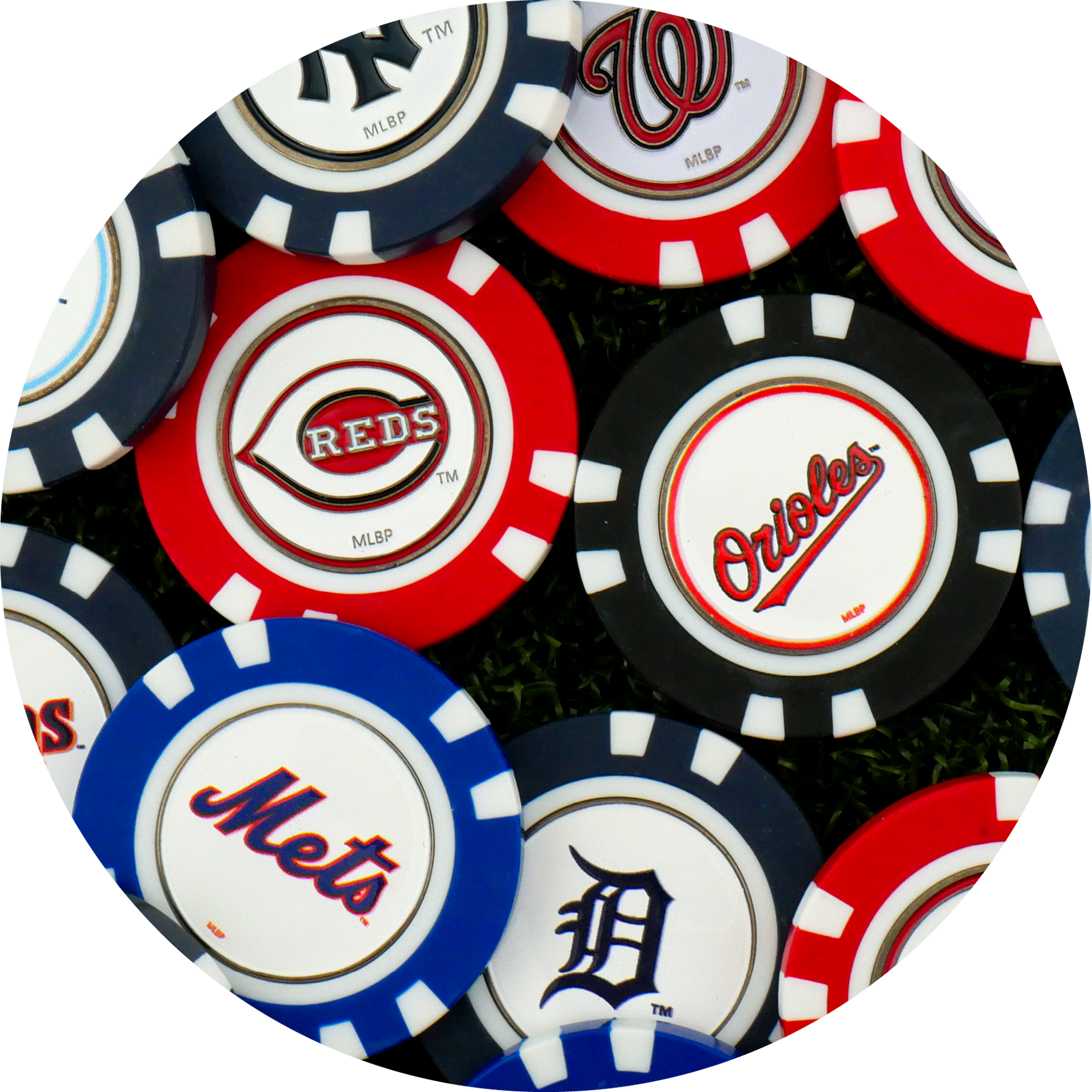 MLB Team Ball Markers by MLB, each featuring different Major League Baseball team logos—like the Reds, Orioles, Mets, Tigers, Yankees, and Nationals—are spread out on a surface.