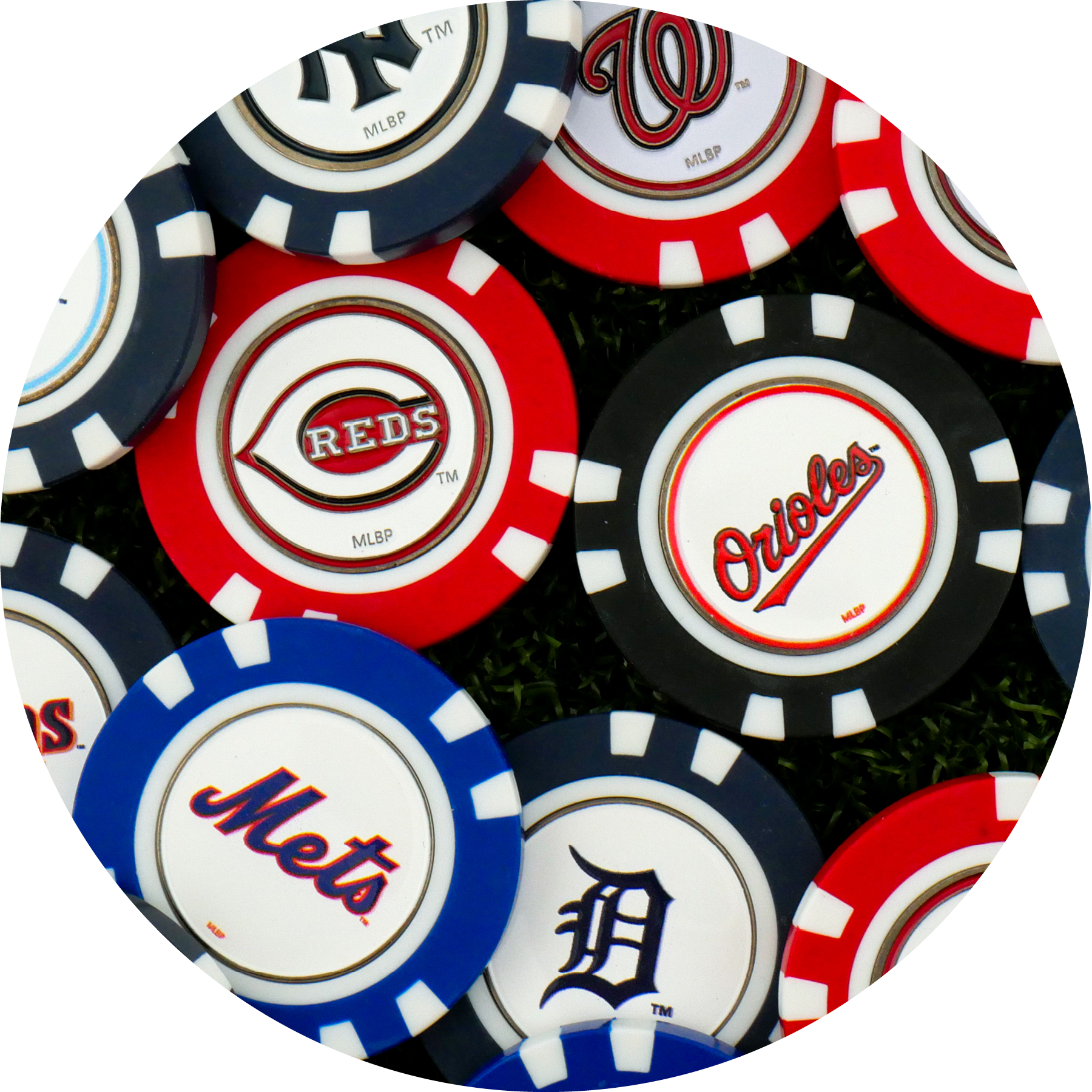 MLB Team Ball Markers by MLB, each featuring different Major League Baseball team logos—like the Reds, Orioles, Mets, Tigers, Yankees, and Nationals—are spread out on a surface.