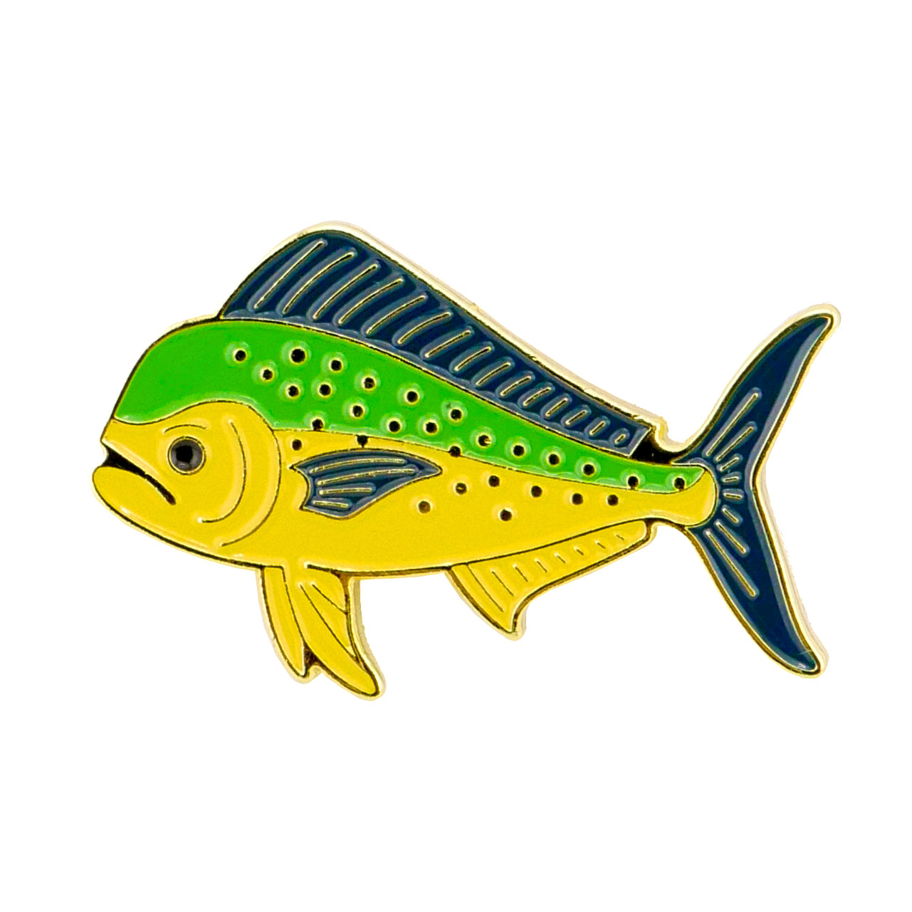 Logie Joe's Golf Mahi Mahi Ball Marker features a stylized fish with a green head, yellow body, and blue tail—an eye-catching design on white that's perfect for your premium golf accessories.