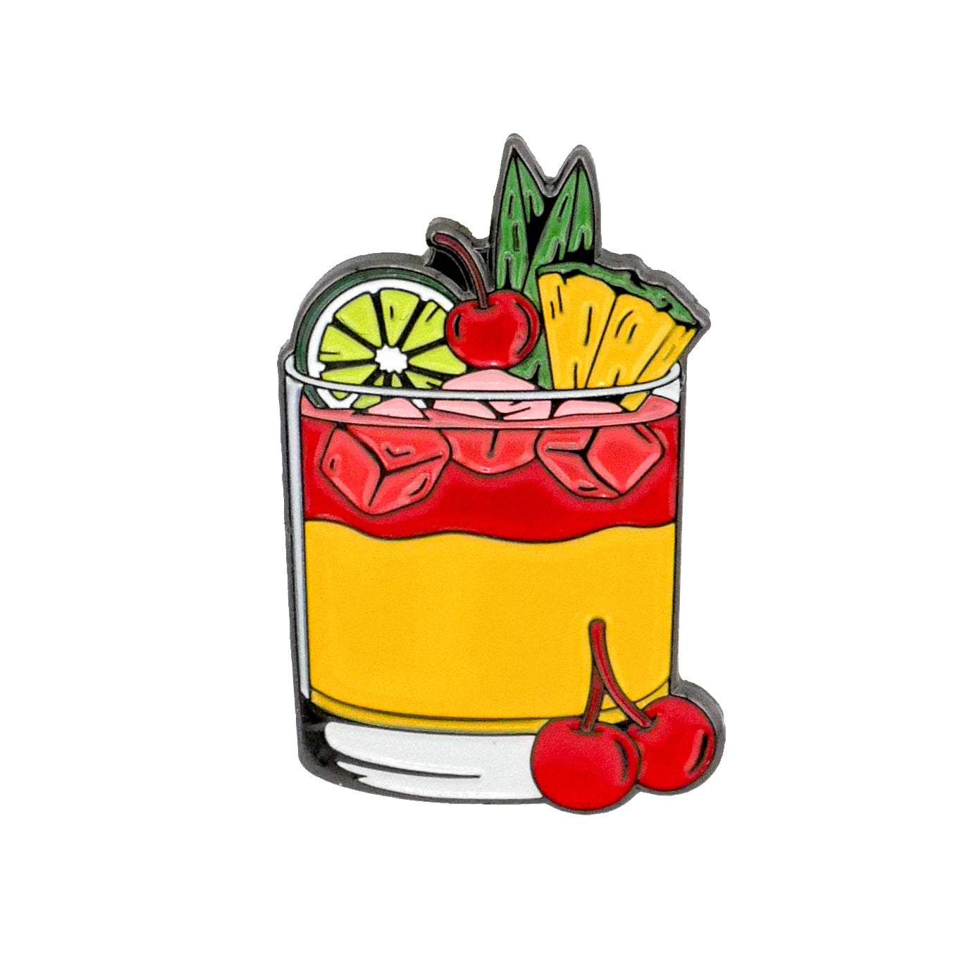The Mai Tai Ball Marker by Ballmarkers.com features a vibrant tropical cocktail with yellow and red layers, ice cubes, pineapple, lime, and cherry garnish—perfect as a fun golf accessory or cocktail-themed golf ball marker.