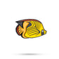 A cartoon-style yellow and black angel fish with orange accents and a bold eye, inspired by the Margaritaville Collection, features on the Pins and Aces Margaritaville - Angel Fish Ball Marker against a white background with a subtle shadow.