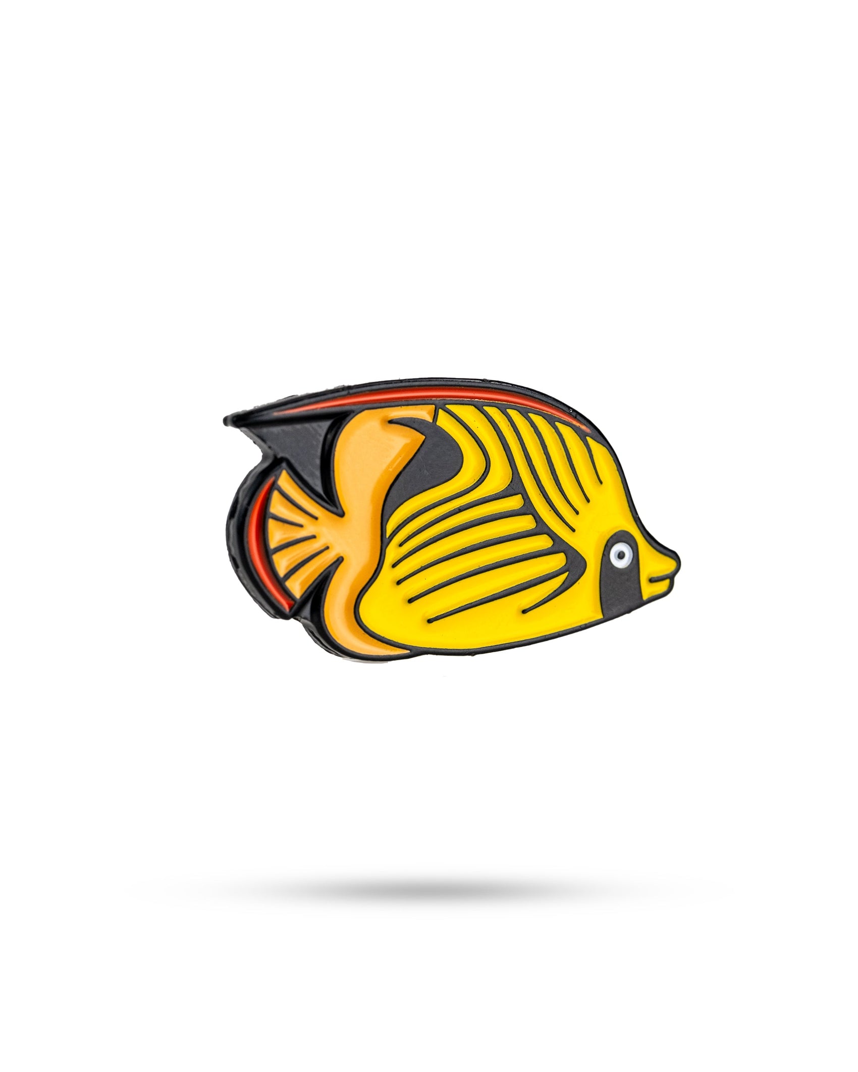 A cartoon-style yellow and black angel fish with orange accents and a bold eye, inspired by the Margaritaville Collection, features on the Pins and Aces Margaritaville - Angel Fish Ball Marker against a white background with a subtle shadow.