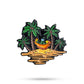 The Pins and Aces Margaritaville - Sleeping Parrot Ball Marker features a vibrant design of a parrot relaxing in an orange hammock between palm trees—ideal for golf ball markers or collectors.