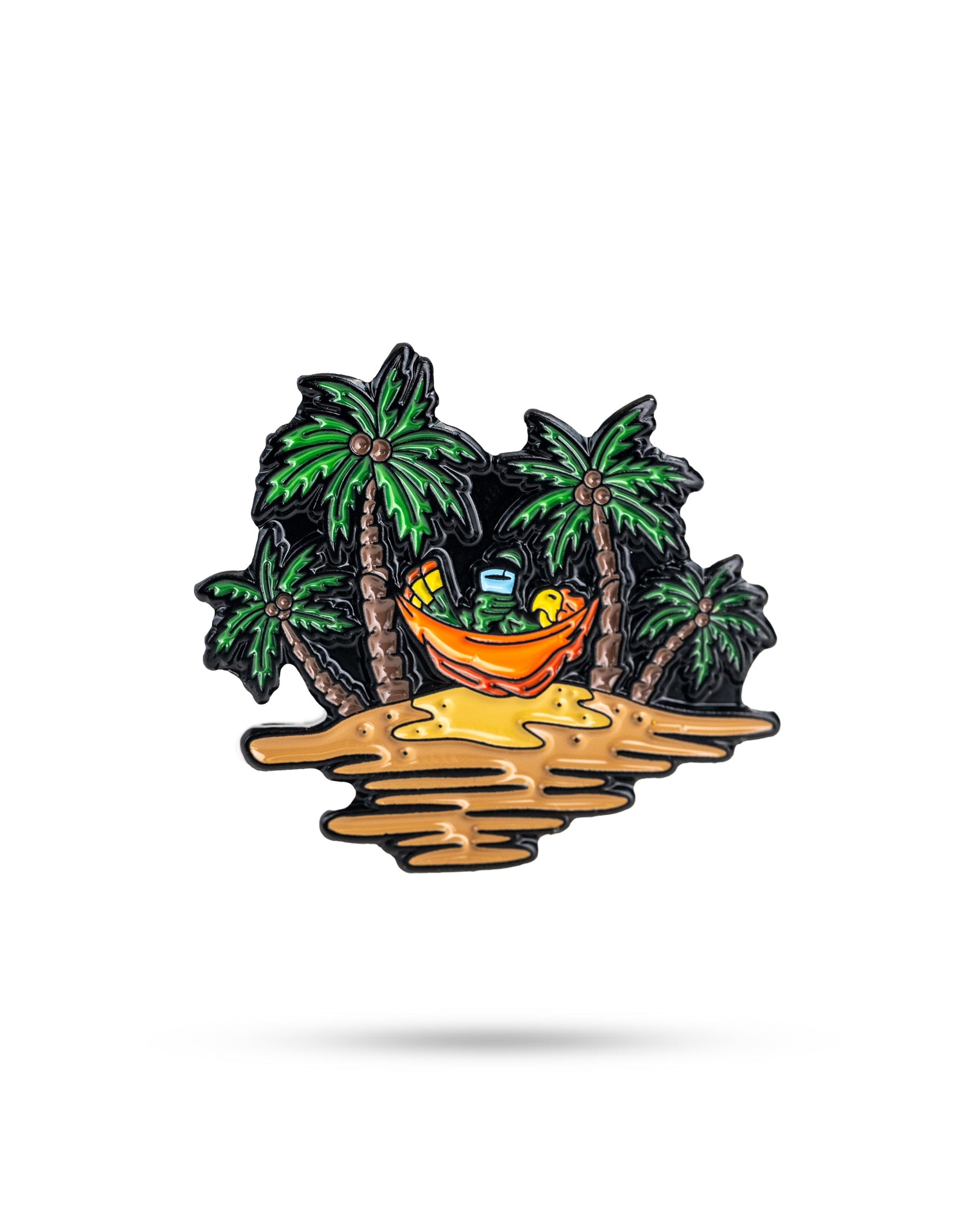 The Pins and Aces Margaritaville - Sleeping Parrot Ball Marker features a vibrant design of a parrot relaxing in an orange hammock between palm trees—ideal for golf ball markers or collectors.
