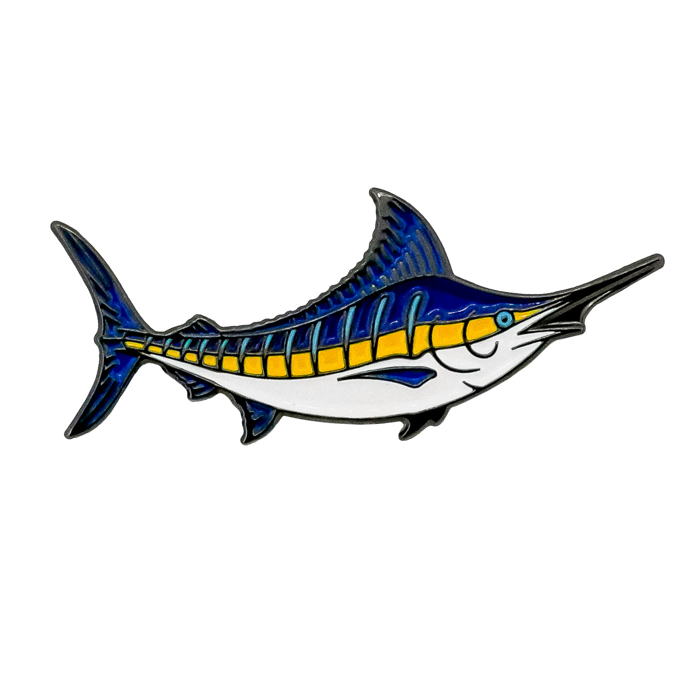 The Marlin Ball Marker by Ballmarkers.com features a stylized illustration of a marlin with a long pointed bill, blue upper body, yellow side stripe, and white underbelly.