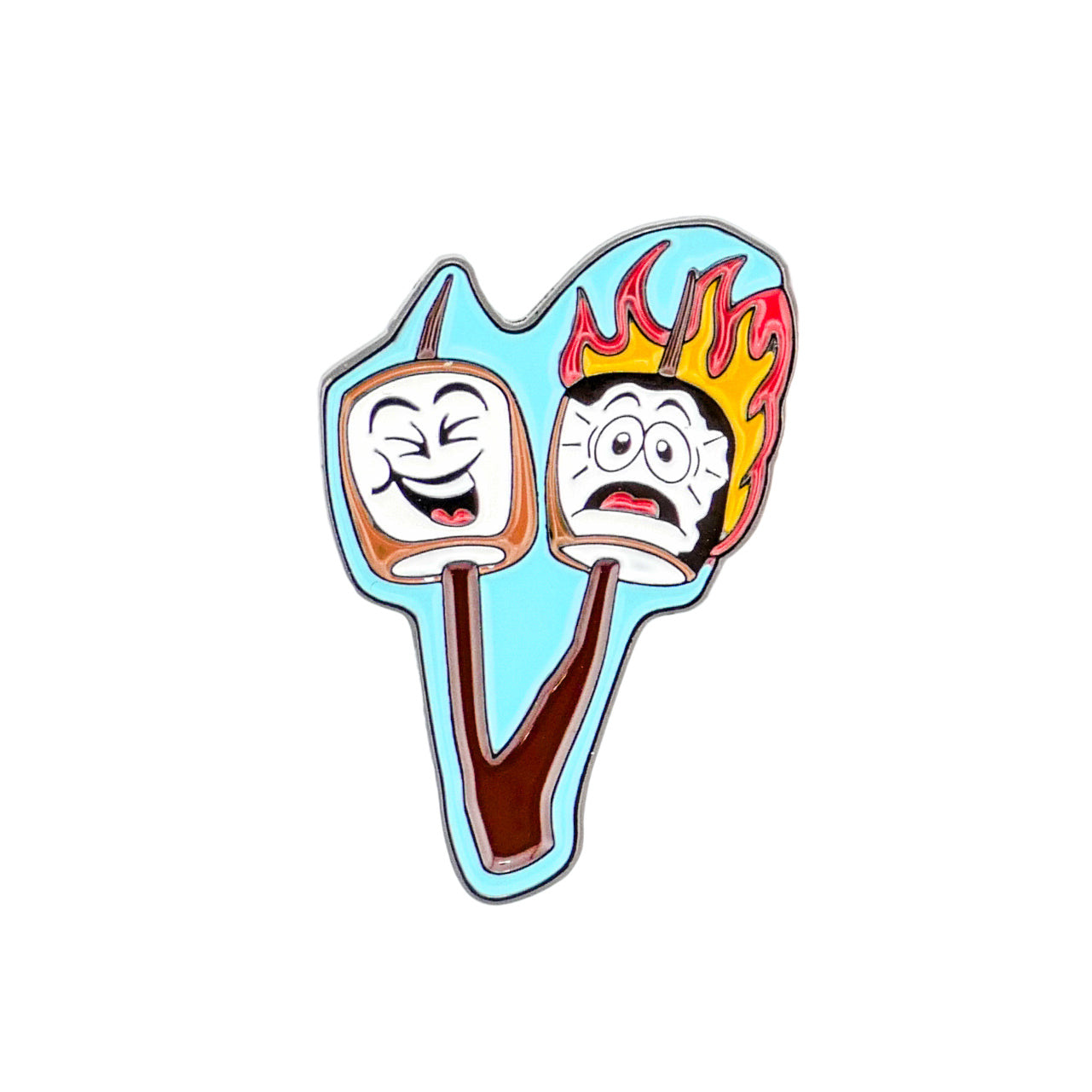 Two cartoon marshmallows—one smiling, one scared with flaming head—on a blue background. This playful Logie Joe's Golf "Marshmallows" design makes for humorous golf accessories or a fun golf ball marker.