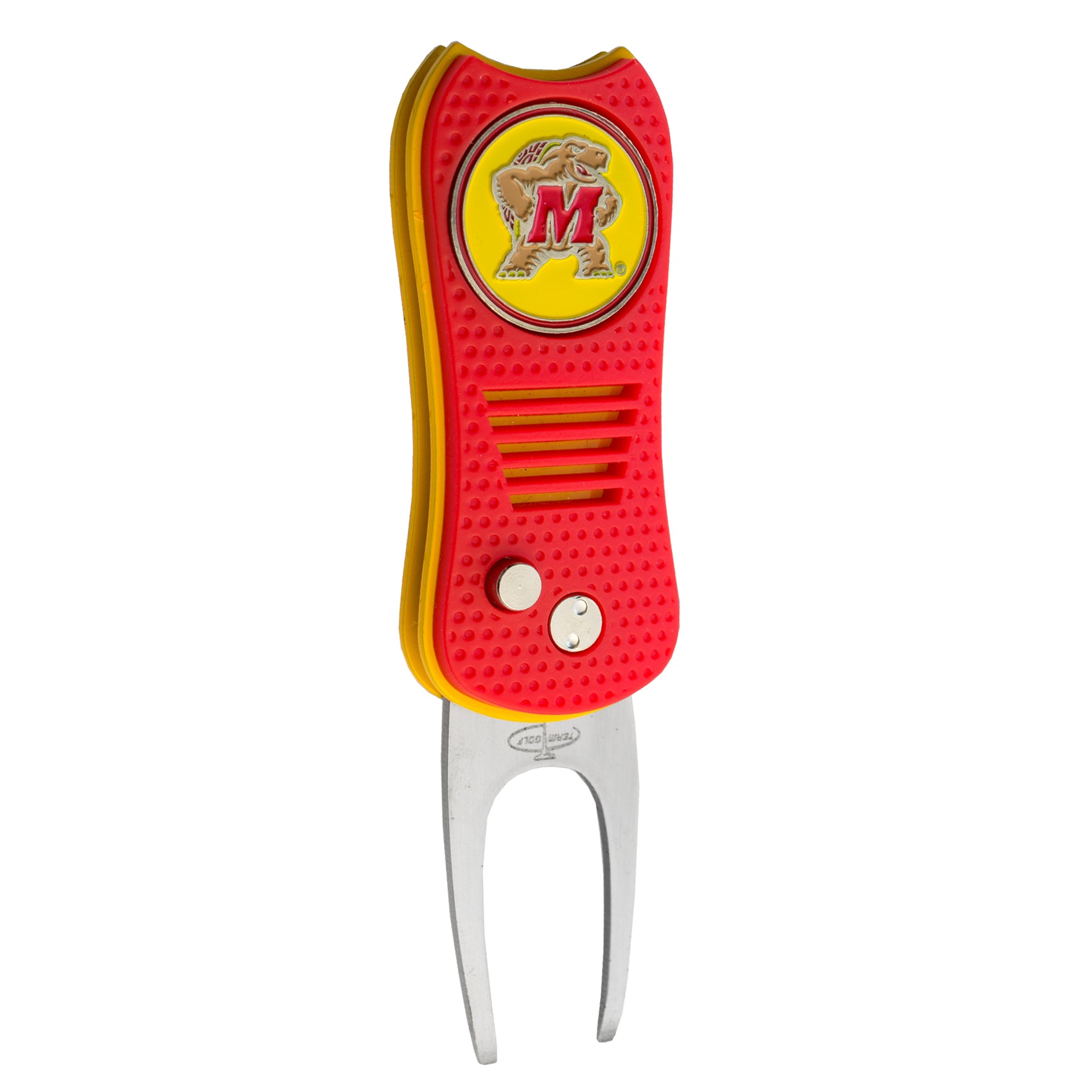 The Switchfix ACC College Switchfix Divot Tool with Ball Marker features a red and yellow design, textured grip, University of Maryland Terrapins logo on top, dual metallic prongs, and an integrated magnetic ball marker.