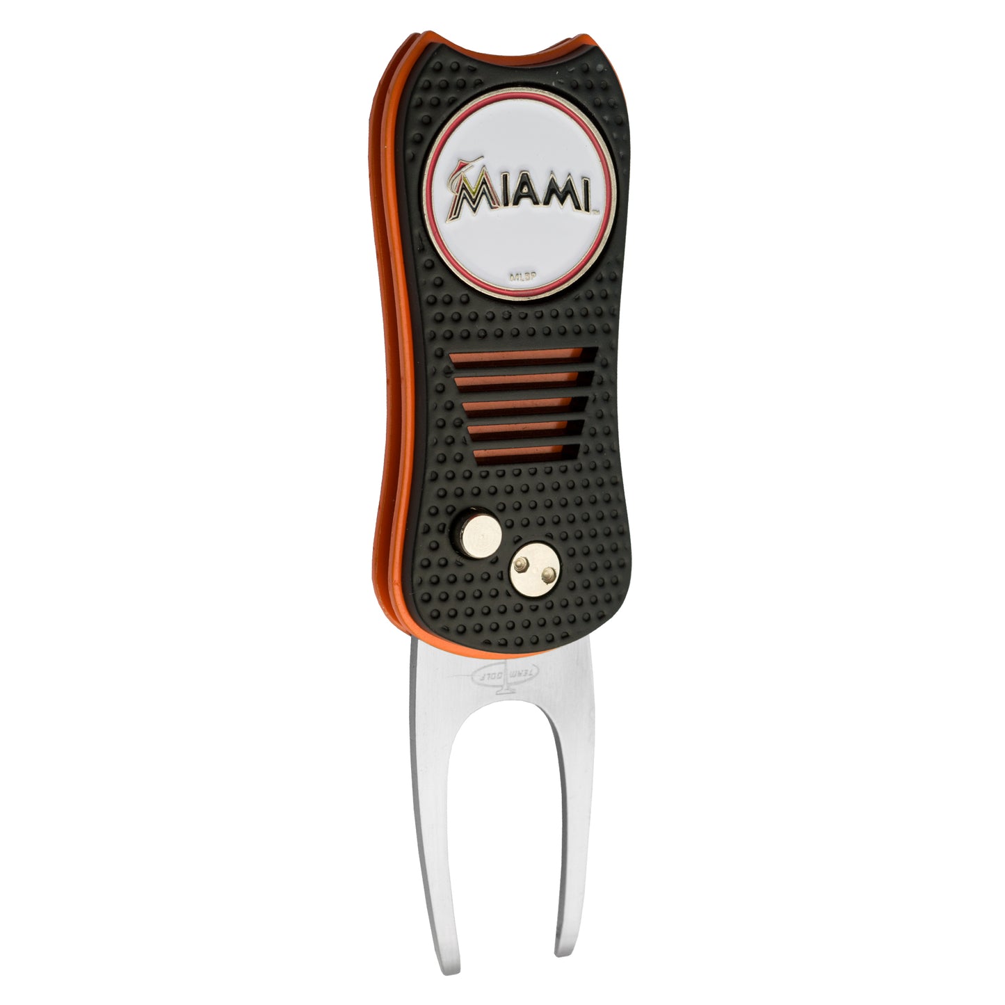 The MLB Switchfix Divot Tool with Ball Marker by MLB is a black and orange tool with a textured grip, Miami logo on top, magnetic ball marker, and two metal prongs at the bottom.