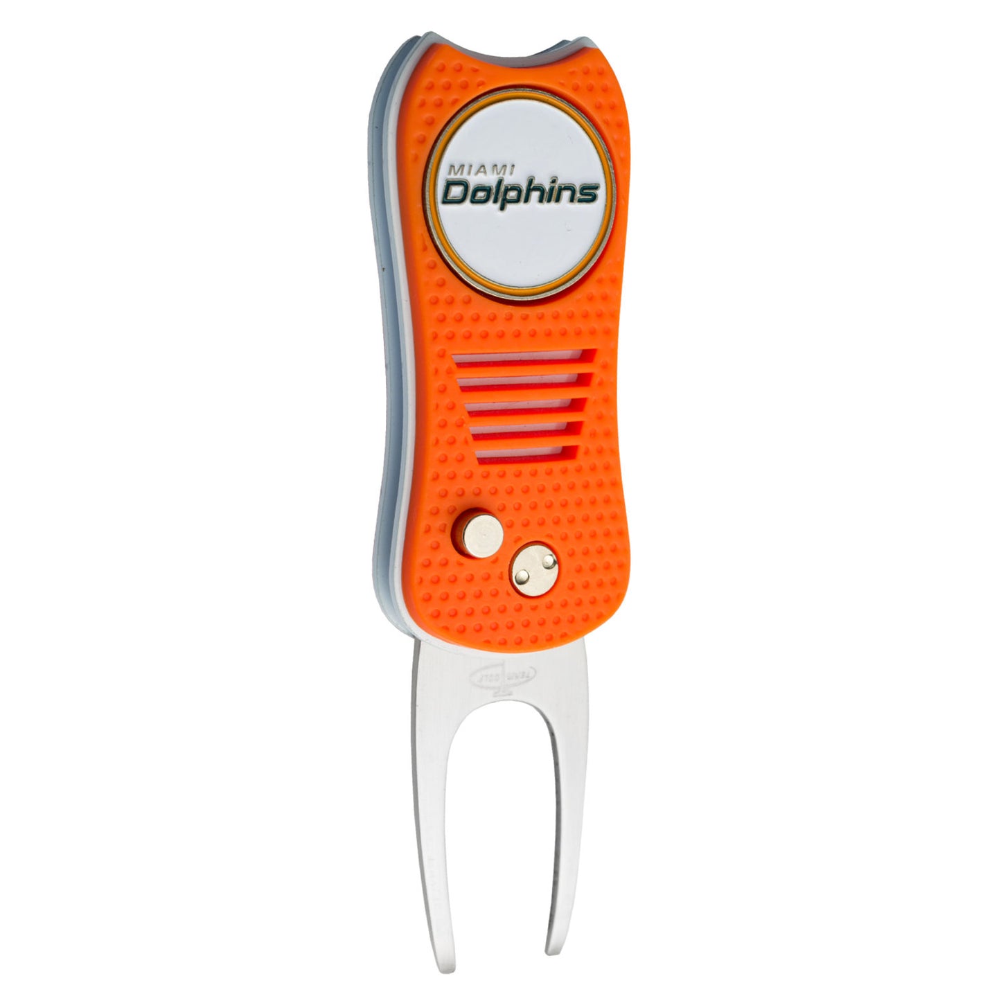 The NFL Switchfix Divot Tool with Ball Marker by NFL features an orange and silver design, textured grip, Miami Dolphins logo and name on the top circle, a magnetic ball marker, and a convenient switchblade mechanism.