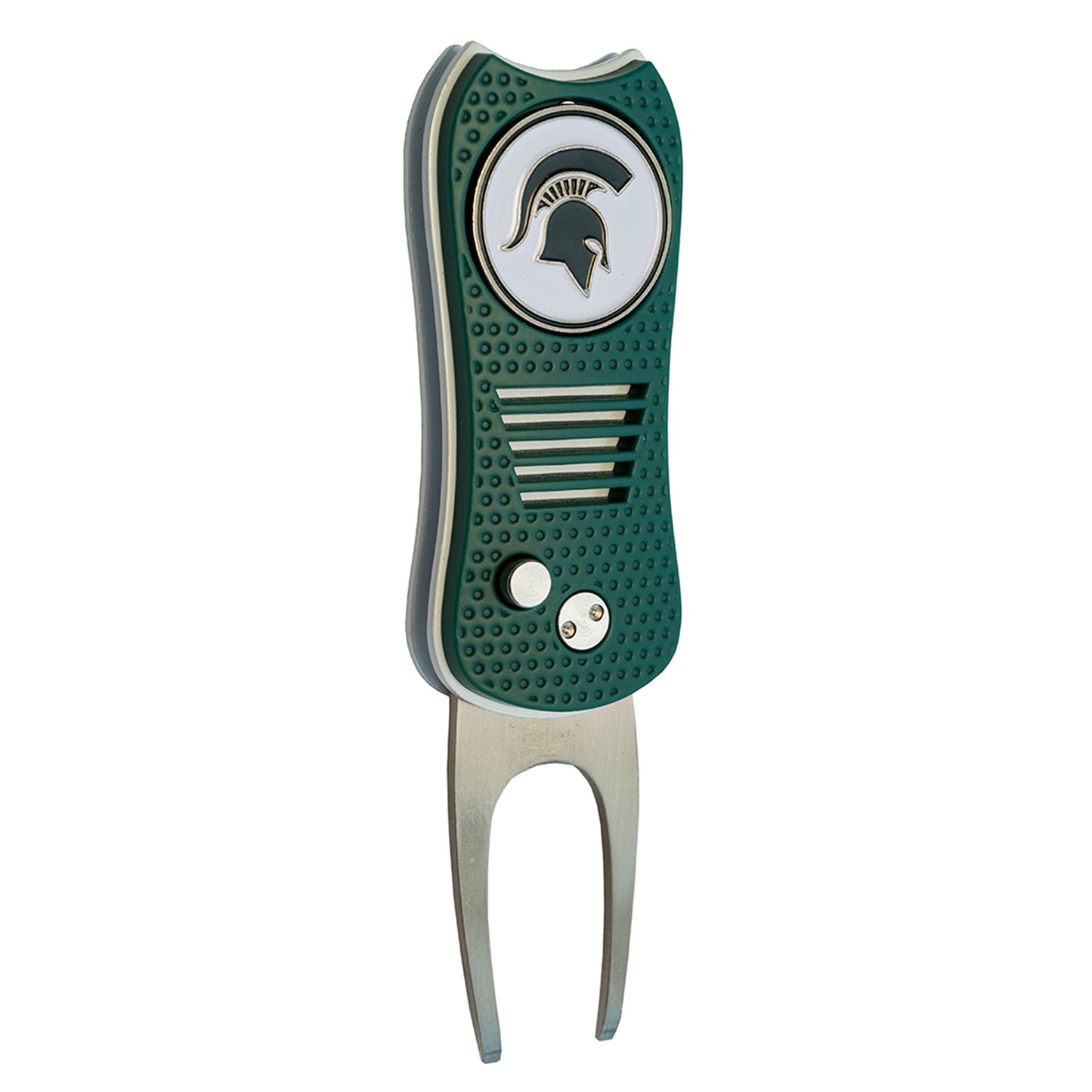 The Switchfix ACC College Switchfix Divot Tool features a green and silver design, textured grip, magnetic ball marker, and a white circular Spartan helmet logo emblem on top.