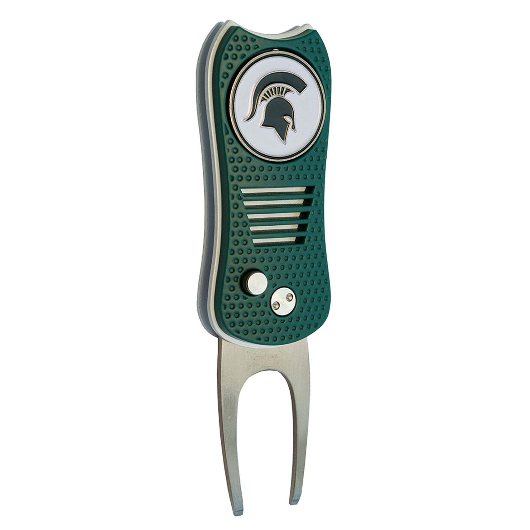 The Switchfix ACC College Switchfix Divot Tool features a green and silver design, textured grip, magnetic ball marker, and a white circular Spartan helmet logo emblem on top.