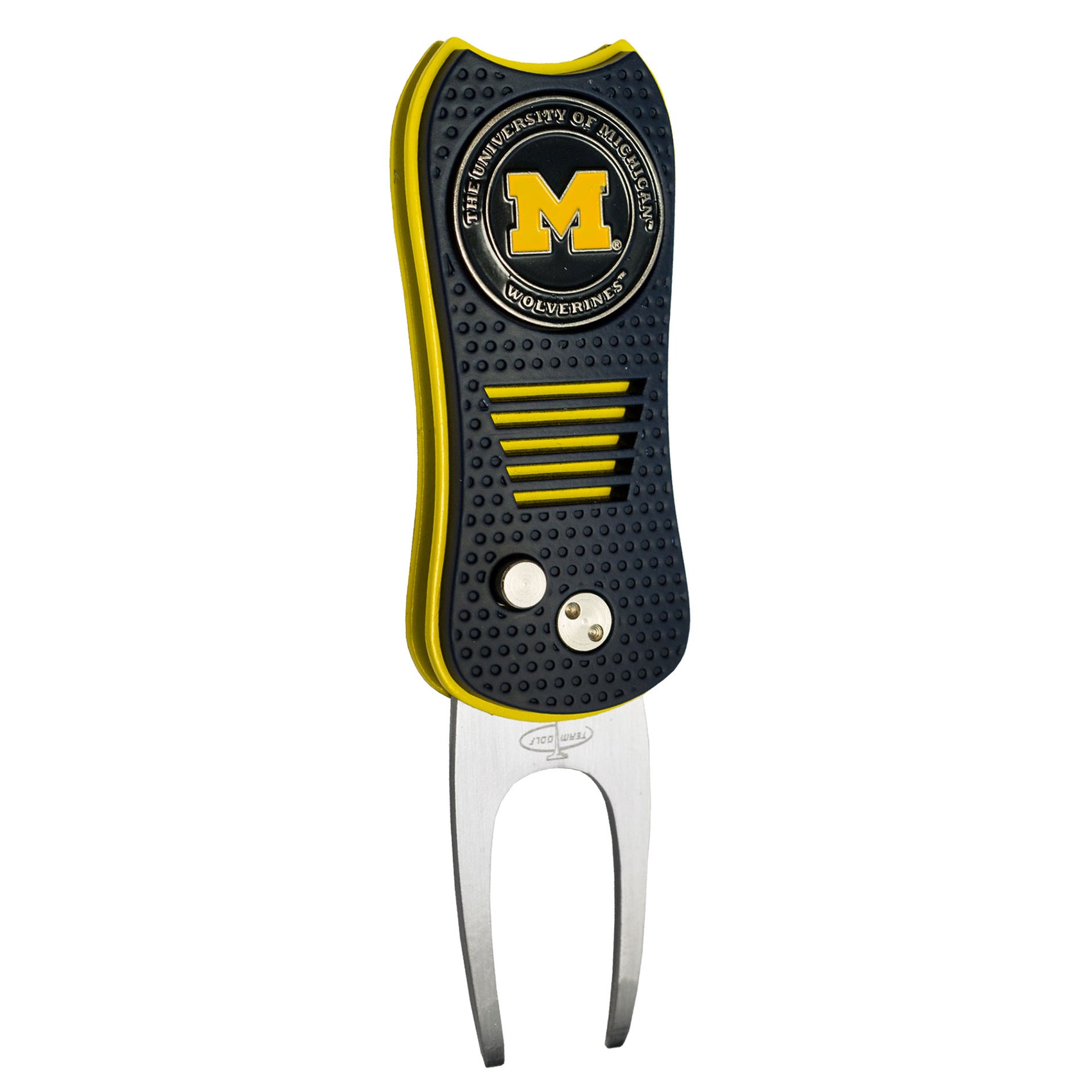The Switchfix ACC College Switchfix Divot Tool with Ball Marker features black and yellow colors, the University of Michigan M logo, "Wolverines" above stainless steel prongs, a magnetic ball marker, and a convenient switchblade mechanism.