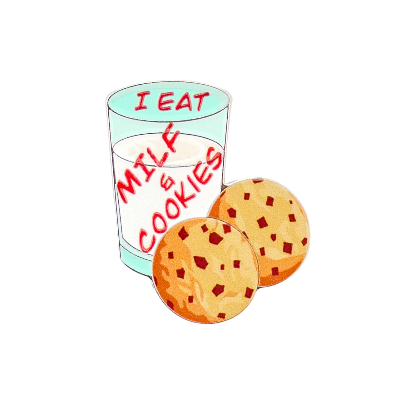 A glass labeled "Milf & Cookies" by Logie Joe's Golf is shown next to two premium chocolate chip cookies against a white background.