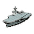 Illustration of a modern aircraft carrier with runway deck and small aircraft, inspired by the Aircraft Carrier Ball Marker from Ballmarkers.com, shown sailing on water.