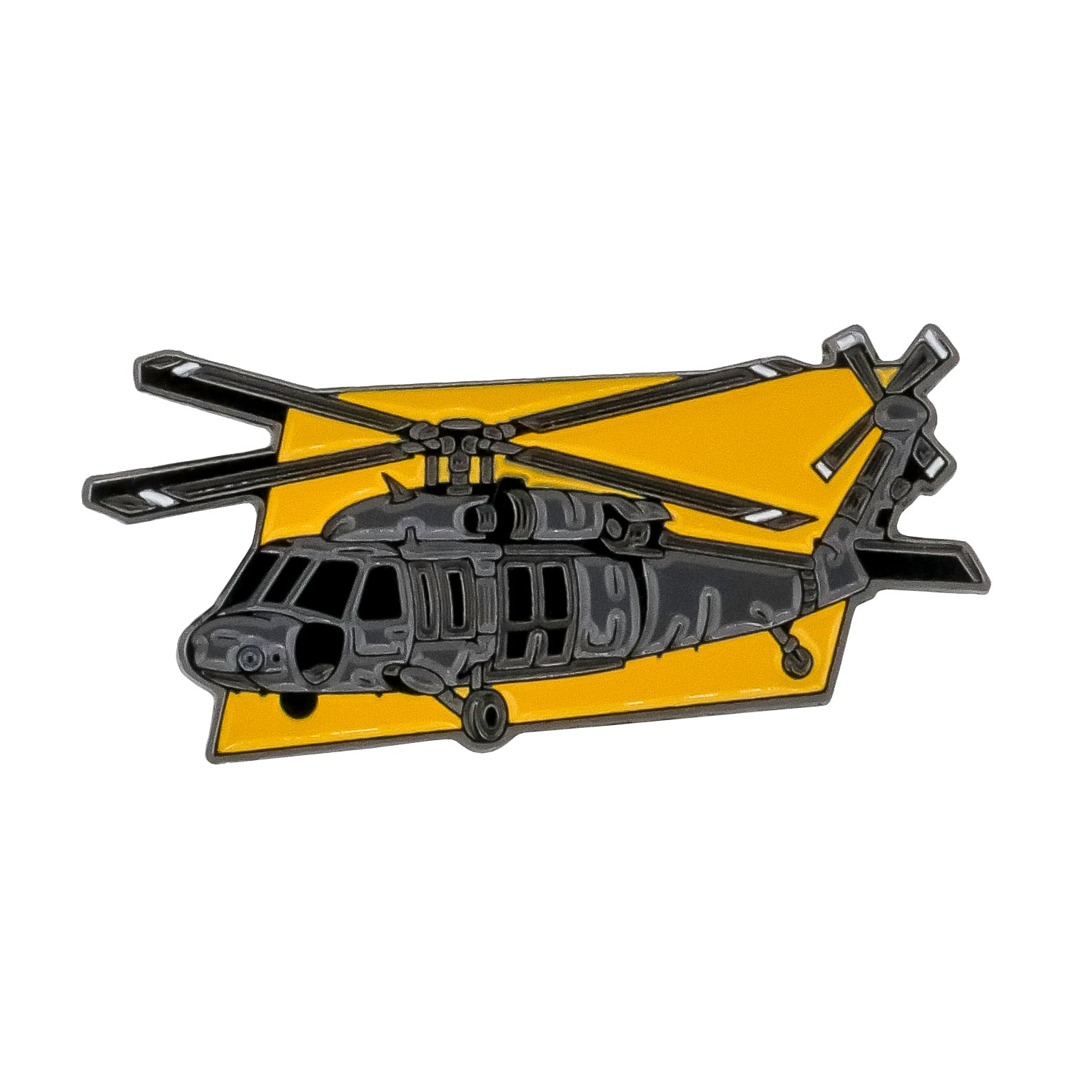 A stylized black Apache Helicopter Ball Marker by Ballmarkers.com, featuring two rotors, is shown against a yellow rectangular background.