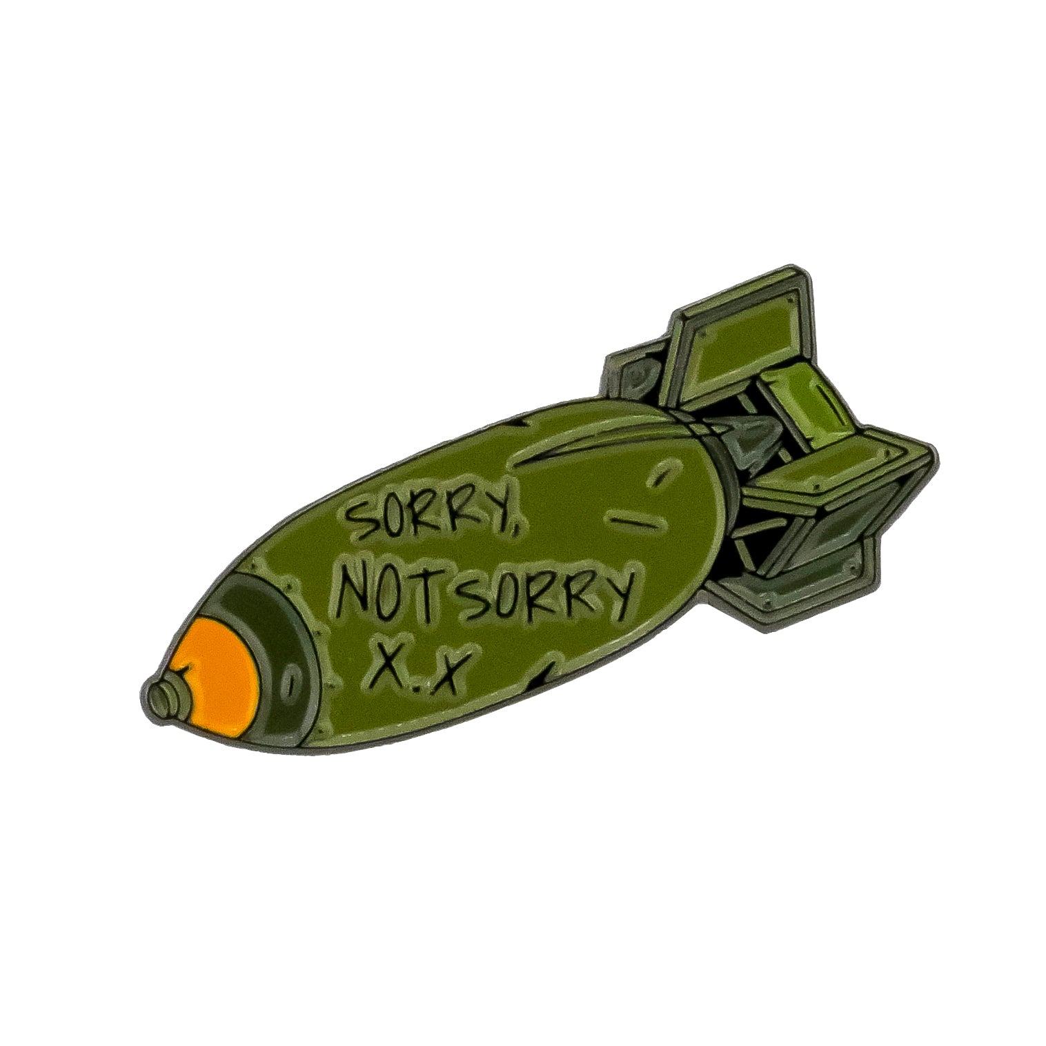The Sorry, Not Sorry Bomb Ball Marker by Ballmarkers.com features a cartoon green bomb with "SORRY, NOT SORRY X X" handwritten on the side—a funny golf ball marker set against a white background.