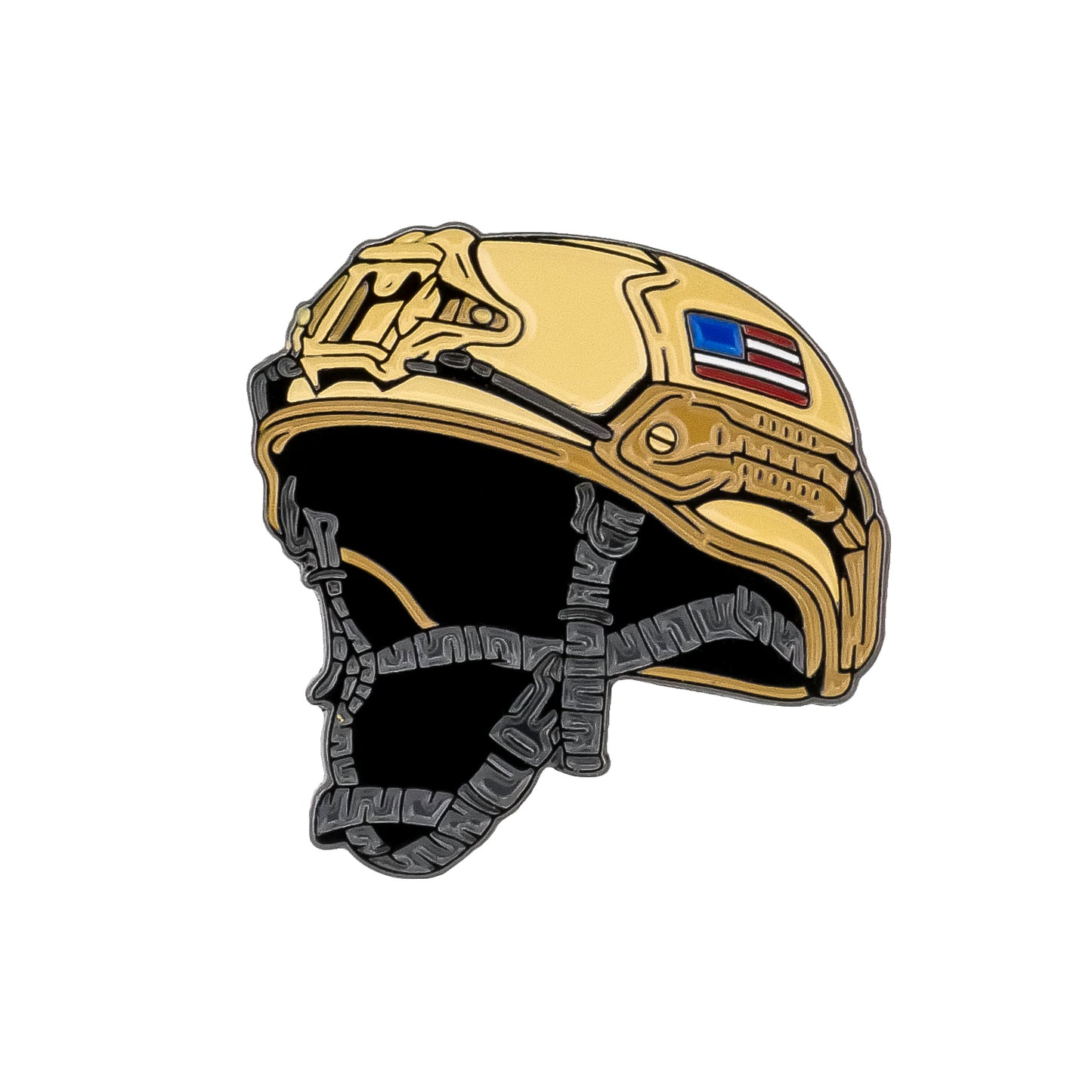 The Combat Helmet Ball Marker by Ballmarkers.com features a tan helmet with a black chinstrap and small American flag patch, illustrated on white—a perfect military golf accessory for those who love tactical style on the green.
