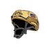 The Combat Helmet Ball Marker by Ballmarkers.com features a tan helmet with a black chinstrap and small American flag patch, illustrated on white—a perfect military golf accessory for those who love tactical style on the green.