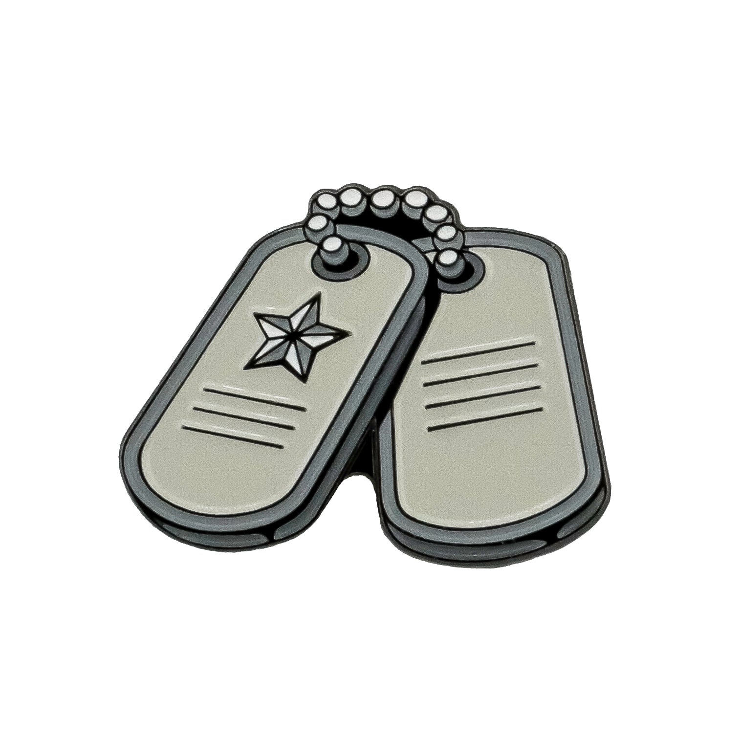 The Ballmarkers.com Dog Tags Ball Marker set features two military-inspired tags on a beaded chain—one with a star and engraved lines, the other with engraved lines only—displayed against a white background.