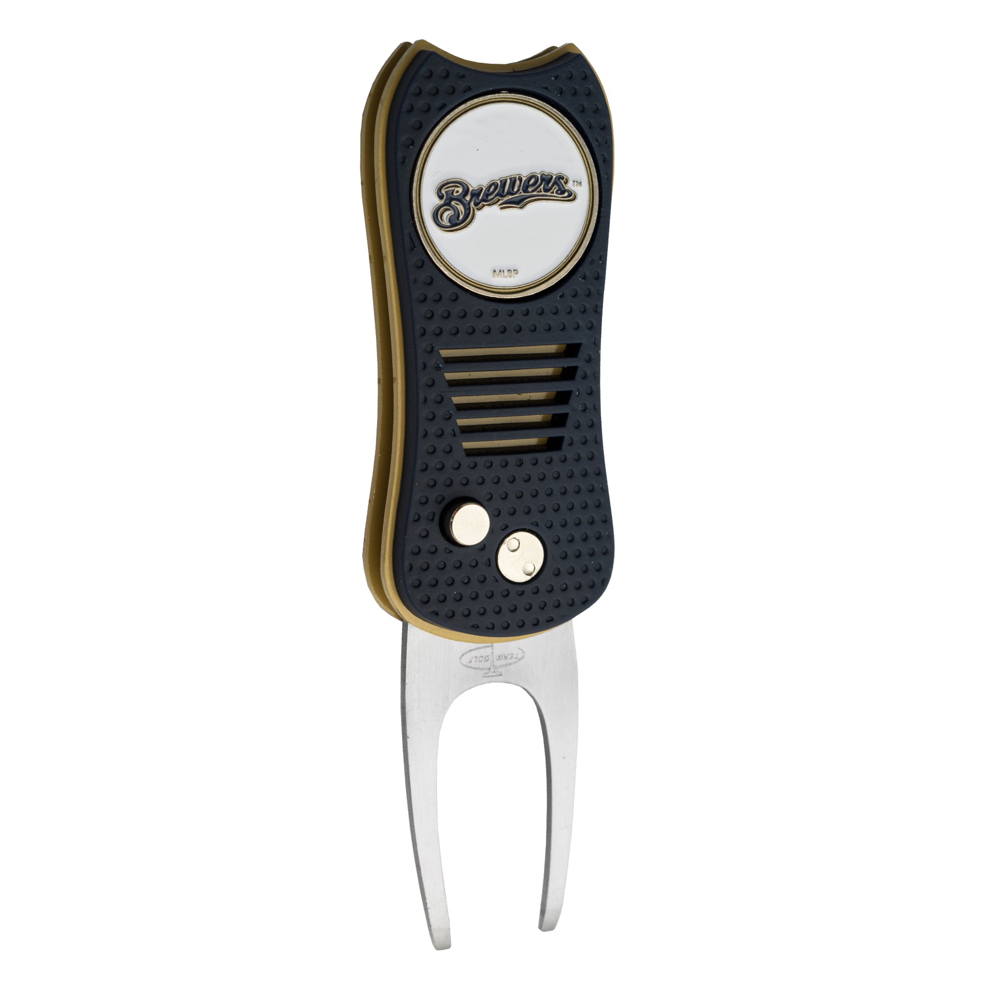 The MLB Switchfix Divot Tool with Ball Marker by MLB features a black and gold design, textured grip, buttons, two metal prongs, and a circular Brewers emblem at the top. Includes a magnetic ball marker for added convenience.