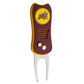 The Switchfix ACC College Switchfix Divot Tool features maroon and yellow colors, University of Minnesota logo and mascot, textured grip, switchblade mechanism, two metal prongs, and a magnetic ball marker. Brand: Switchfix.
