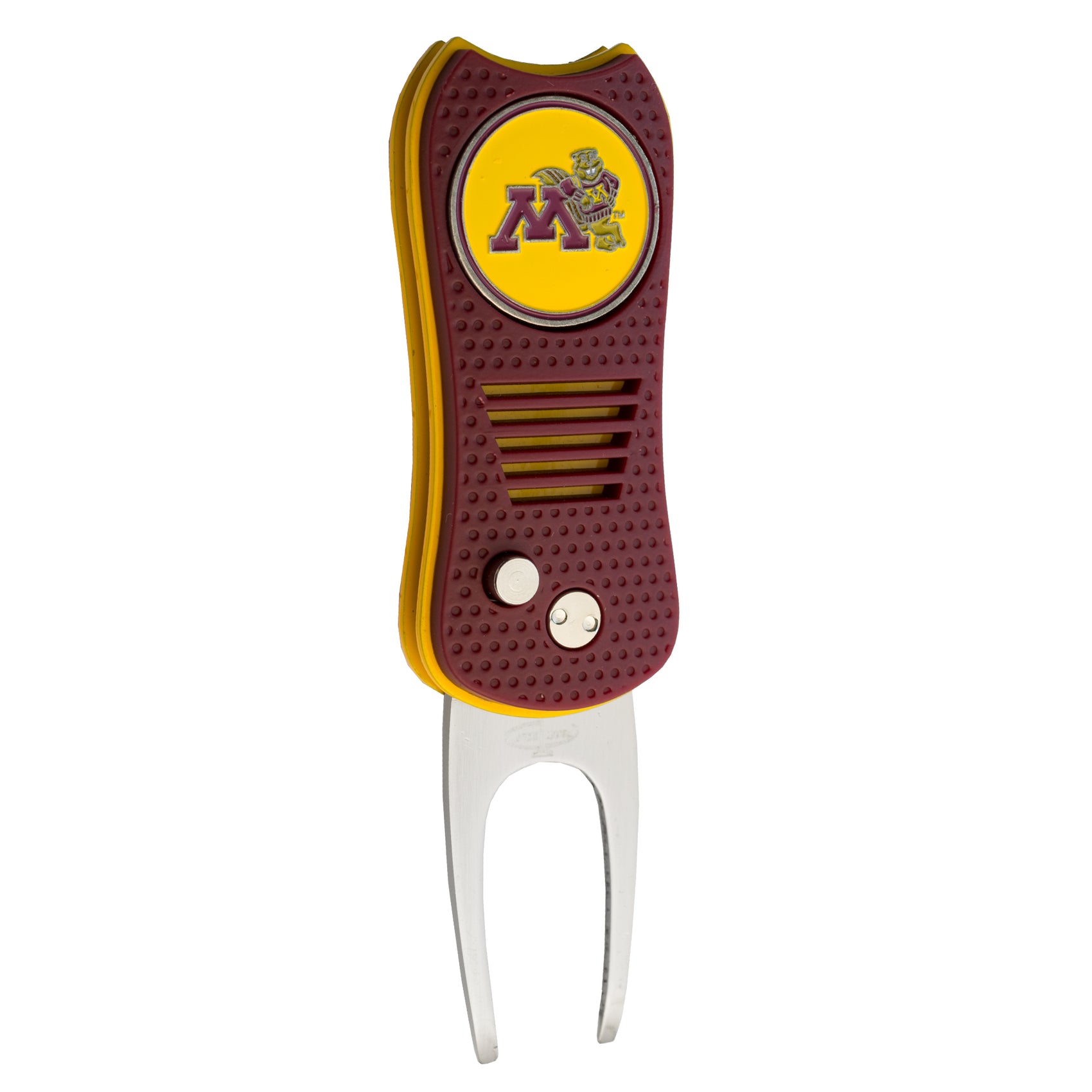 The Switchfix ACC College Switchfix Divot Tool features maroon and yellow colors, University of Minnesota logo and mascot, textured grip, switchblade mechanism, two metal prongs, and a magnetic ball marker. Brand: Switchfix.
