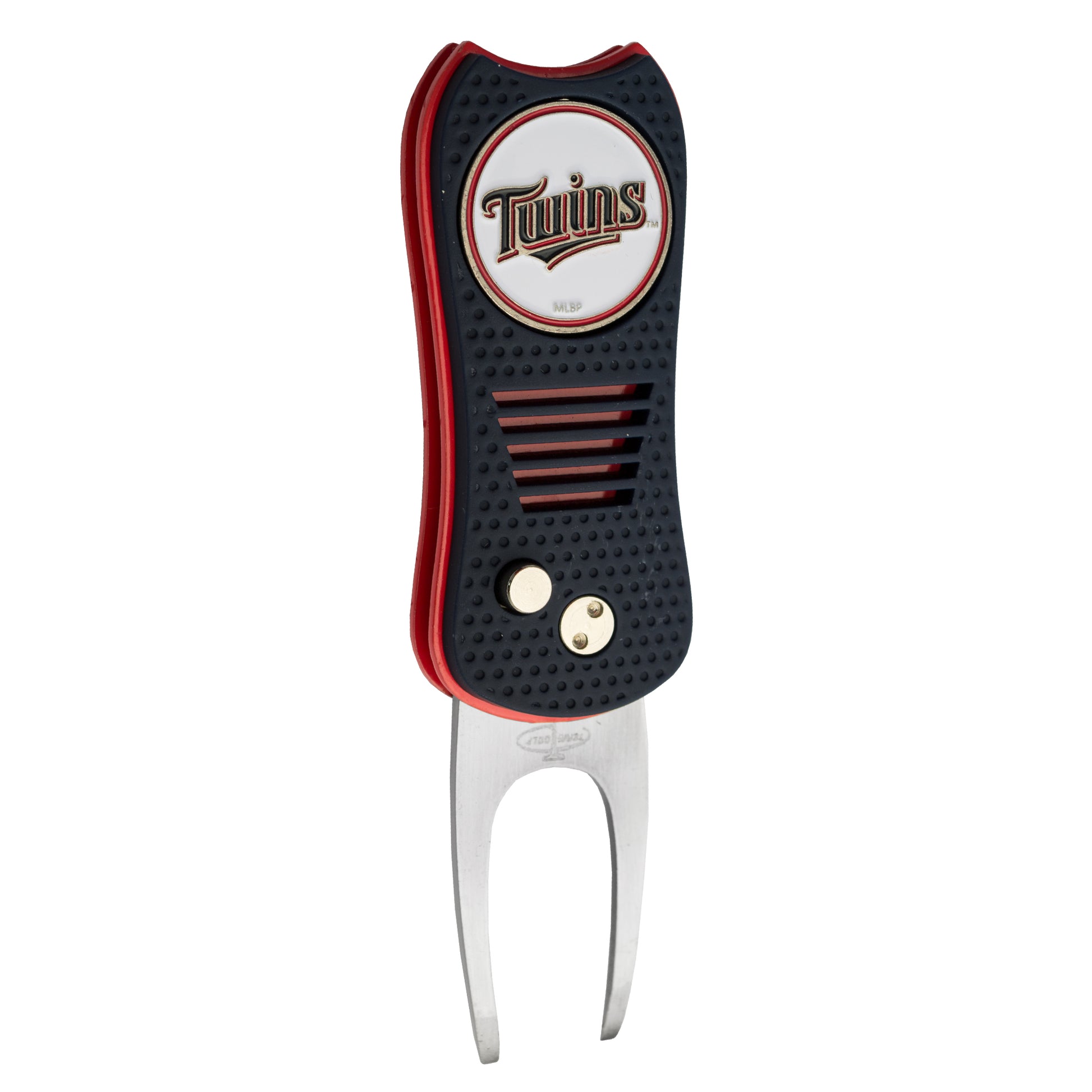 The MLB Switchfix Divot Tool with Ball Marker by MLB features a black and red design, Twins logo, textured grip, two metal prongs, and a magnetic ball marker for easy use.