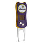 The NFL Switchfix Divot Tool with Ball Marker features a purple and yellow grip, a switchblade mechanism, and the Minnesota Vikings logo on a magnetic ball marker.