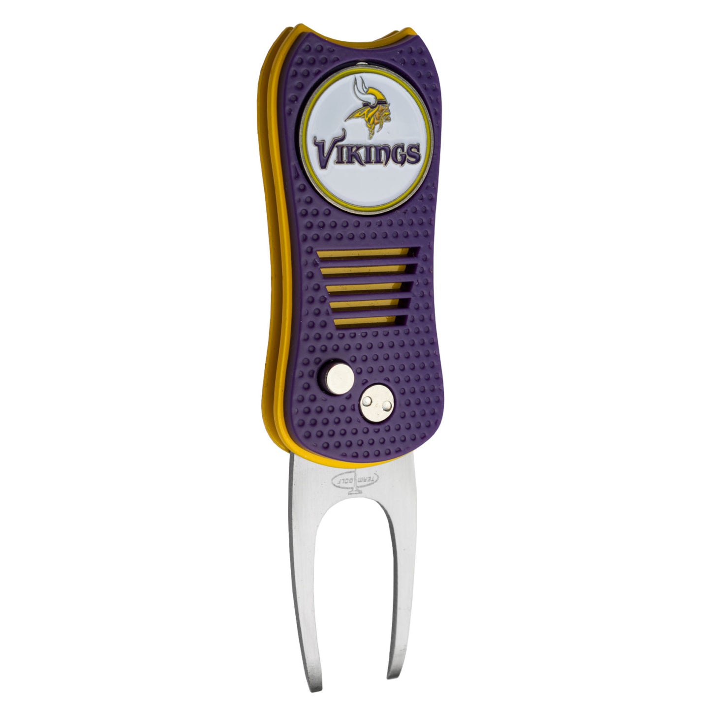 The NFL Switchfix Divot Tool with Ball Marker features a purple and yellow grip, a switchblade mechanism, and the Minnesota Vikings logo on a magnetic ball marker.