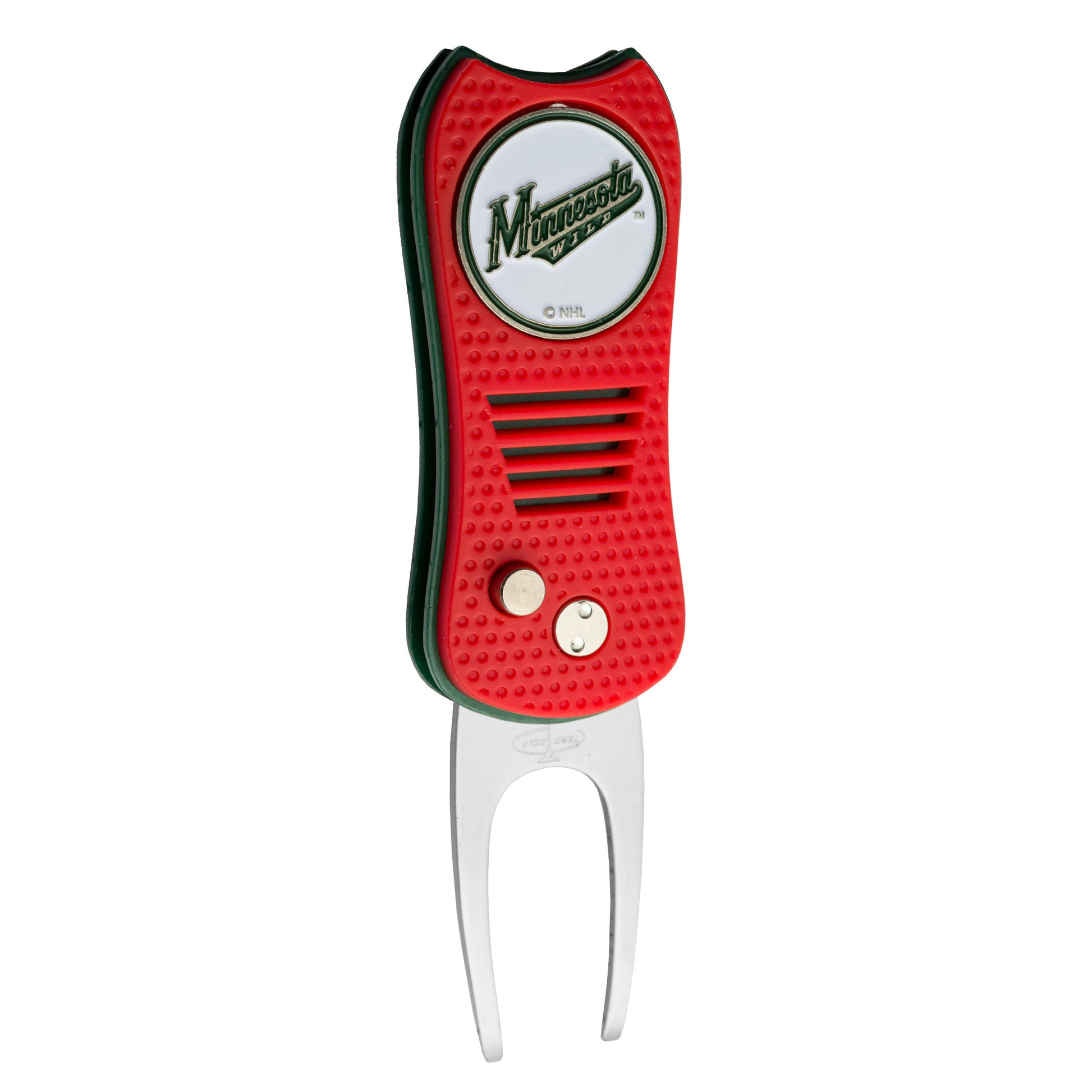 The Ballmarkers.com NHL Switchfix Divot Tool with Ball Marker features red and green colors, a metal prong, textured grip, magnetic ball marker, and a Minnesota logo on a circular emblem at the top.