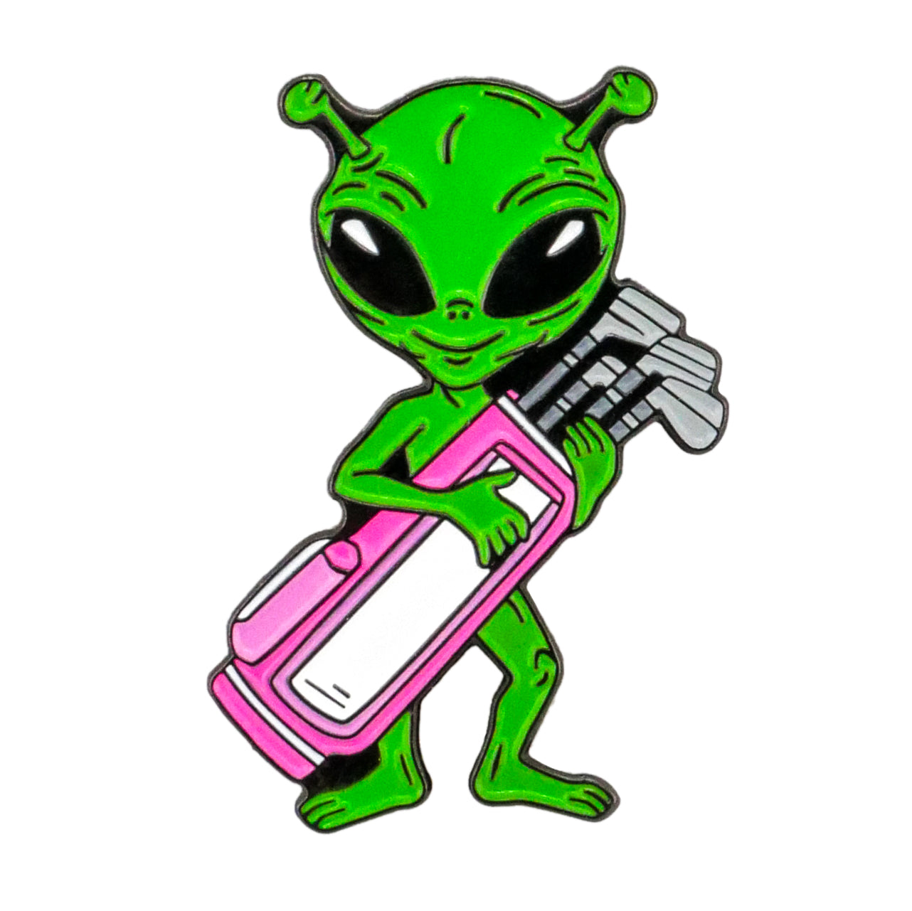 A cheerful green alien with large black eyes stands holding a pink and white golf bag, featuring the Alien Caddy Ball Marker by Ballmarkers.com among premium golf accessories.