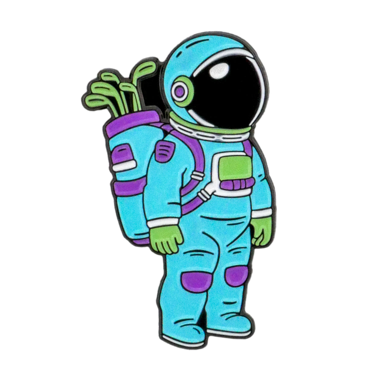 The Ballmarkers.com Astronaut Space Walker Ball Marker features a cartoon astronaut in a blue and purple suit with a reflective black visor and a backpack sprouting green plants, standing upright on a white background.
