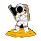 An astronaut in a spacesuit stands on yellow ground, holding a golf club and the Giant Swing for Mankind Ball Marker by Ballmarkers.com, ready to hit a golf ball—a playful lunar golf scene with premium accessories.