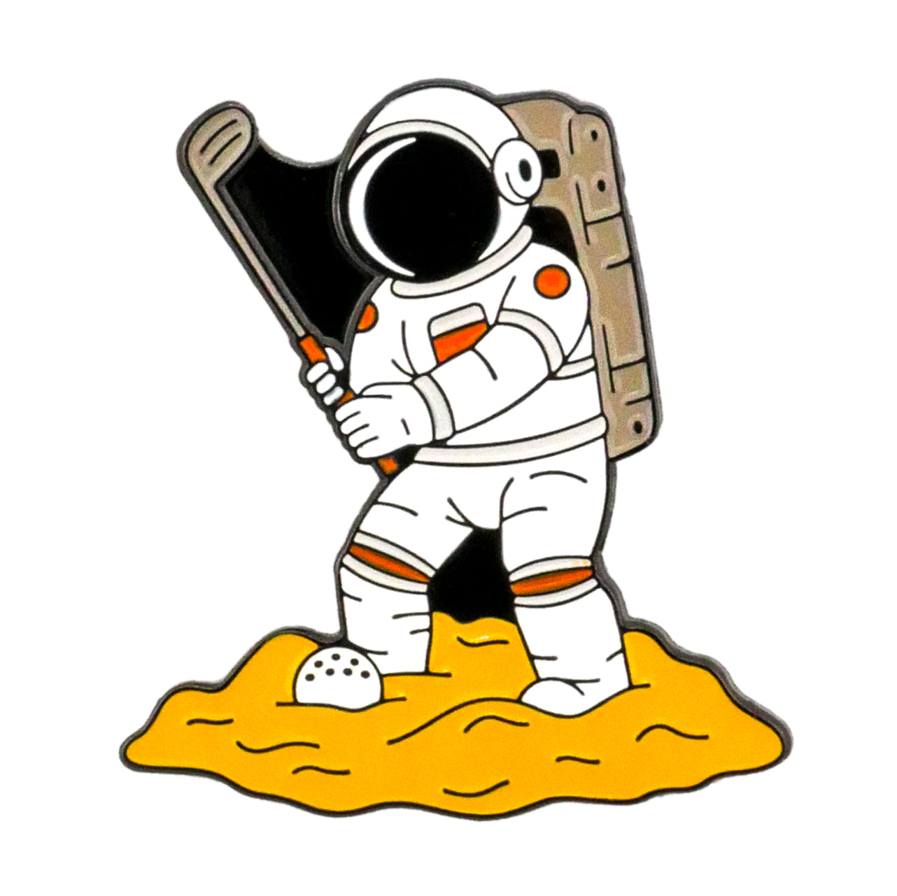An astronaut in a spacesuit stands on yellow ground, holding a golf club and the Giant Swing for Mankind Ball Marker by Ballmarkers.com, ready to hit a golf ball—a playful lunar golf scene with premium accessories.