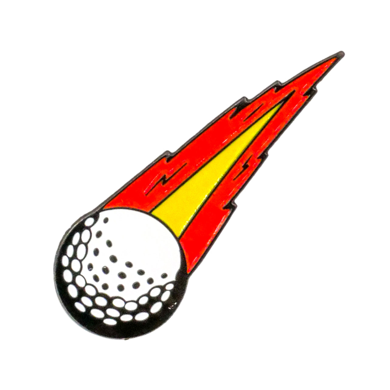 The Hot Shot Tracer Ball Marker by Ballmarkers.com resembles a white golf ball with black dimples, streaking ahead with red and yellow flames—a bold tribute to premium golf accessories.